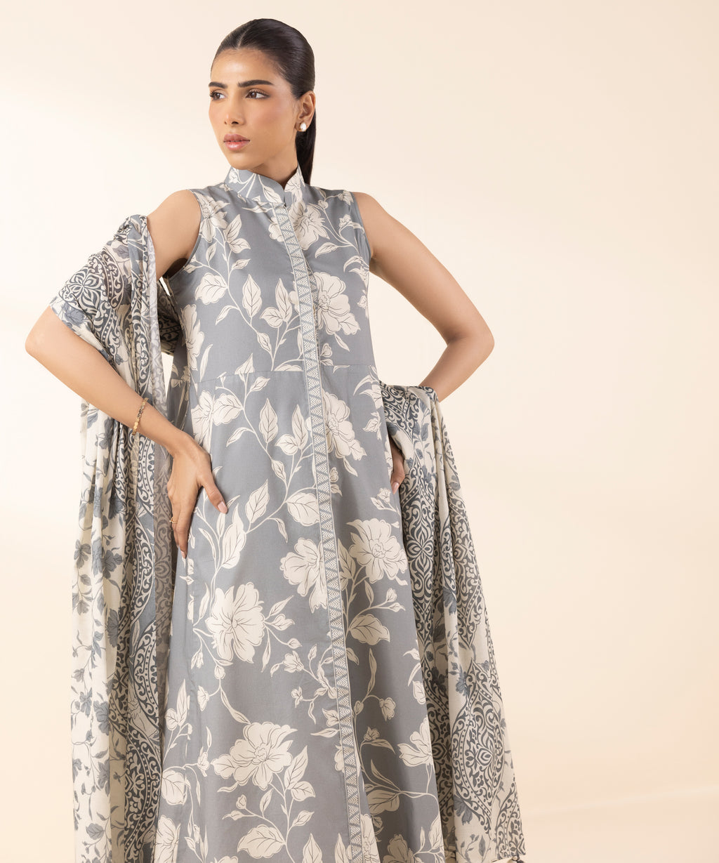 Women's Unstitched Lawn Printed Grey 3 Piece Suit