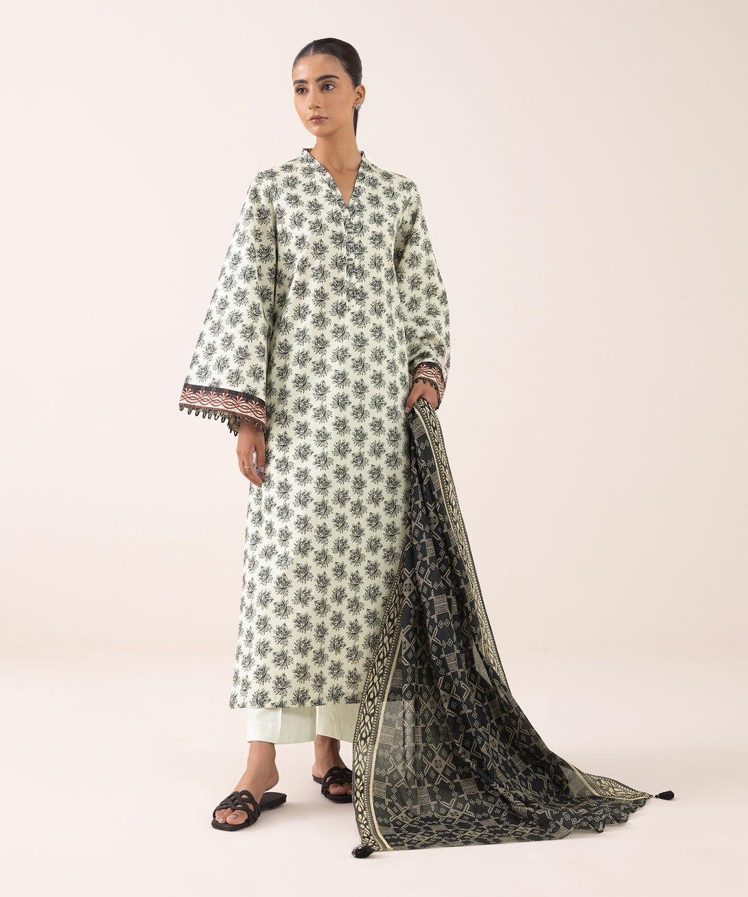 Women's Unstitched Lawn Printed White 3 Piece Suit