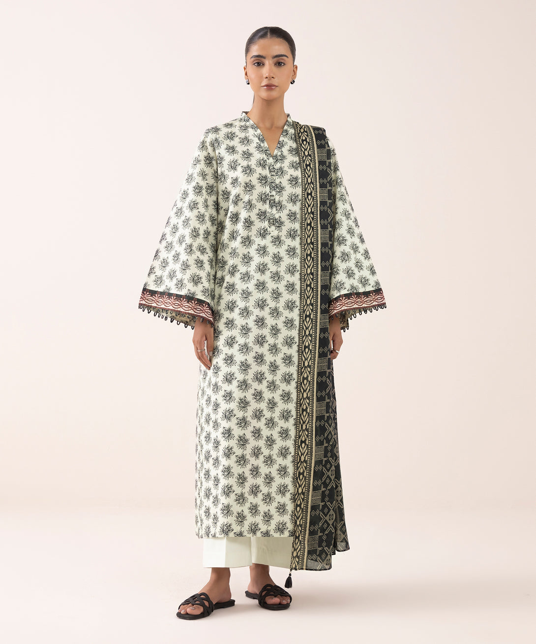 Women's Unstitched Lawn Printed White 3 Piece Suit