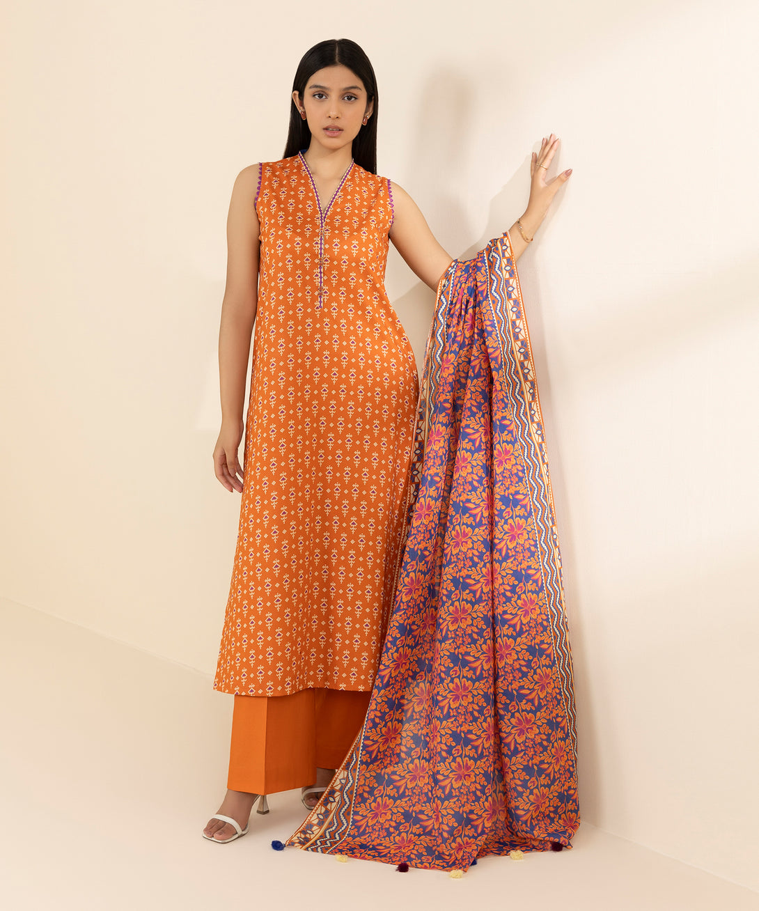 Women's Unstitched Lawn Printed Orange 3 Piece Suit