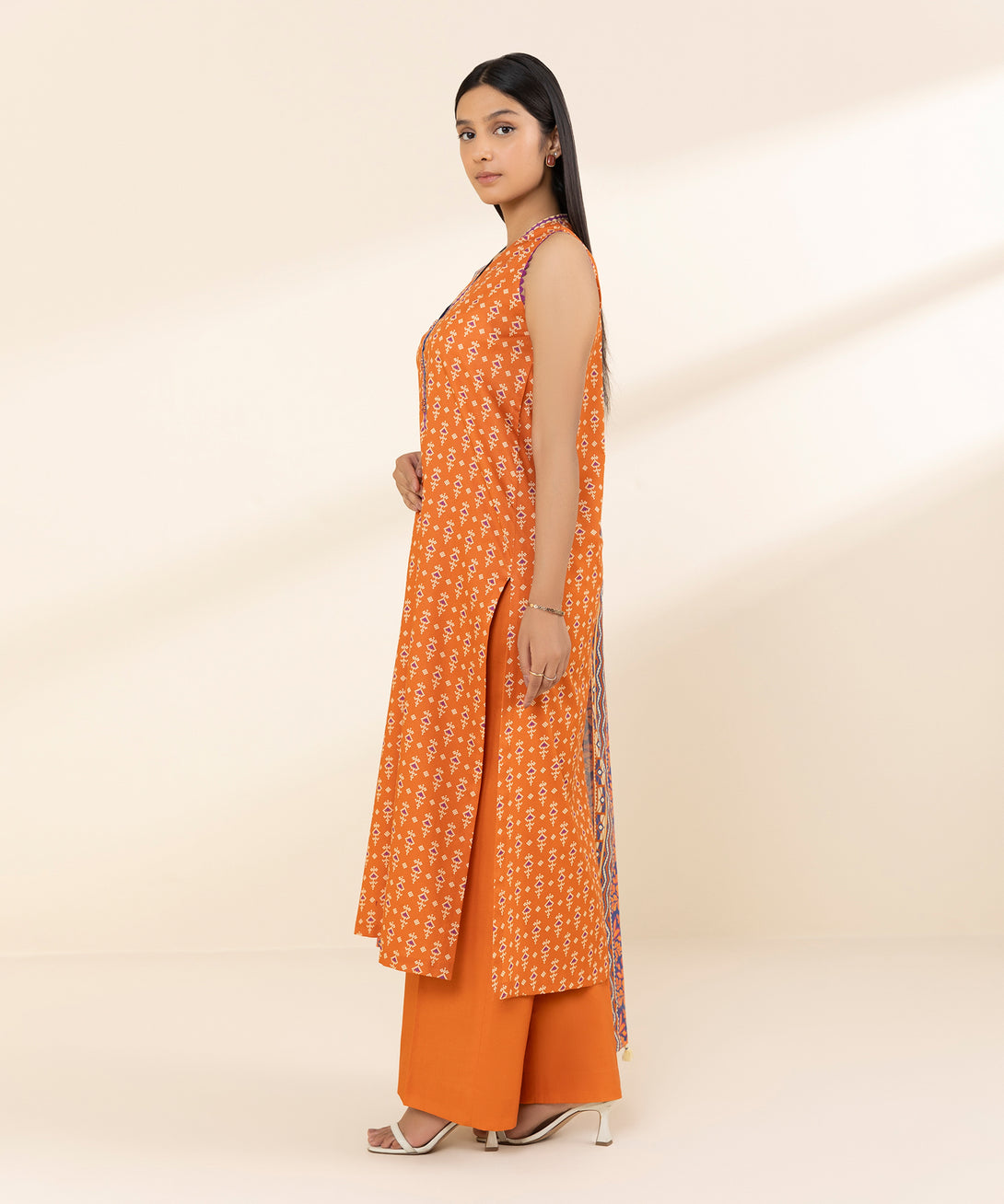 Women's Unstitched Lawn Printed Orange 3 Piece Suit