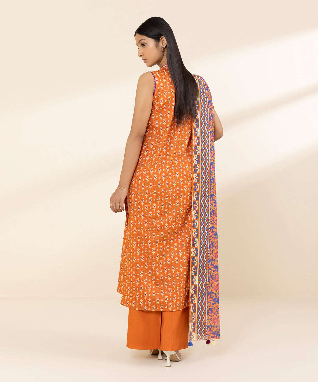 Women's Unstitched Lawn Printed Orange 3 Piece Suit