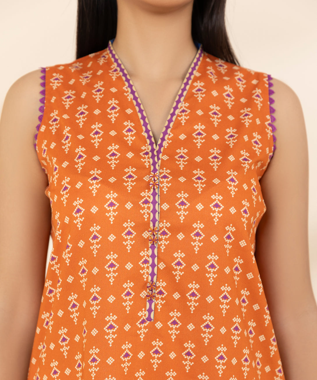 Women's Unstitched Lawn Printed Orange 3 Piece Suit