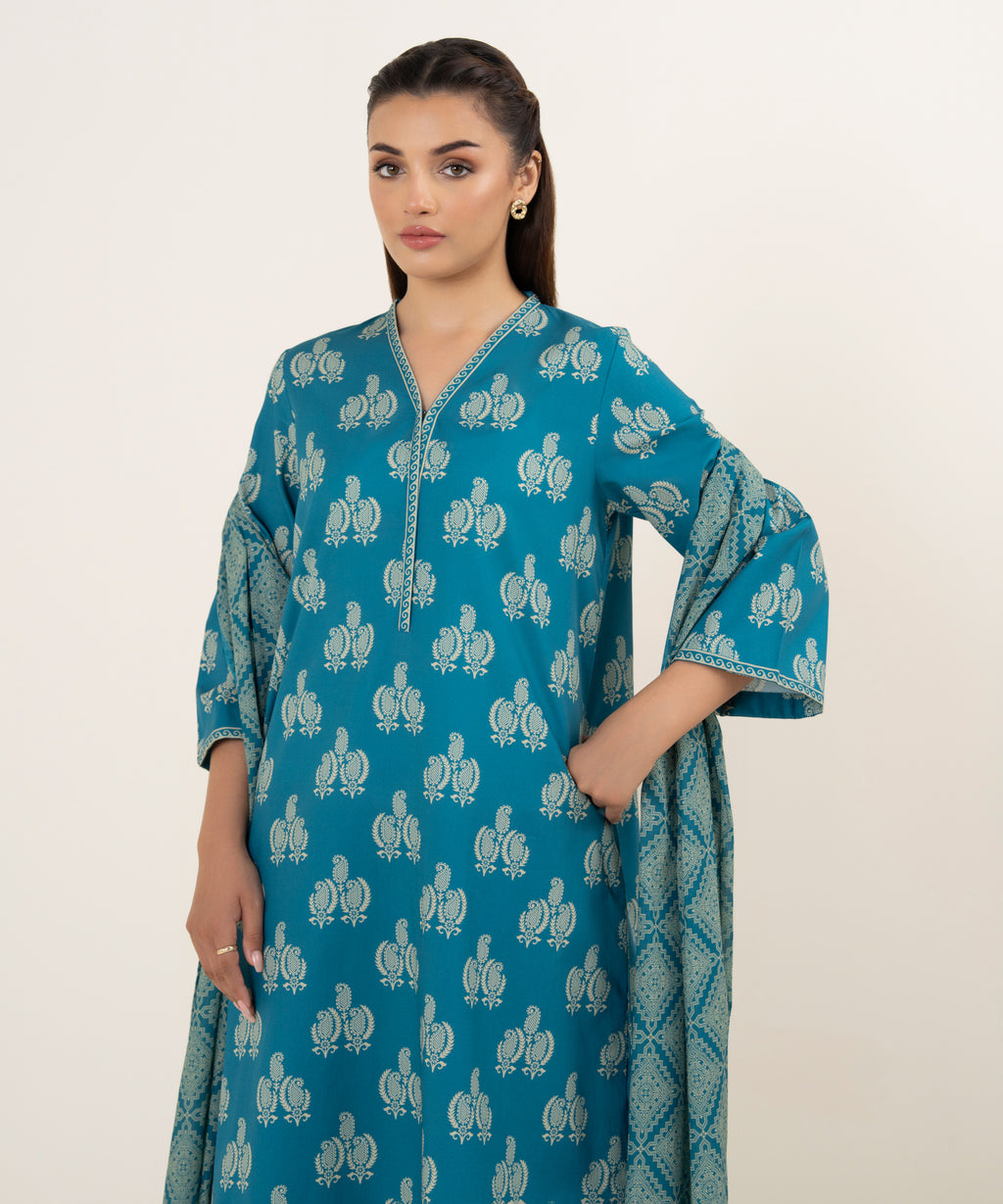 Women's Unstitched Cotton Printed Multi 3 Piece Suit