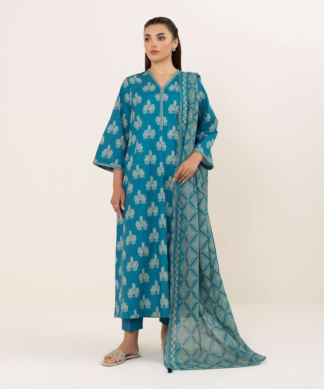 Women's Unstitched Cotton Printed Multi 3 Piece Suit