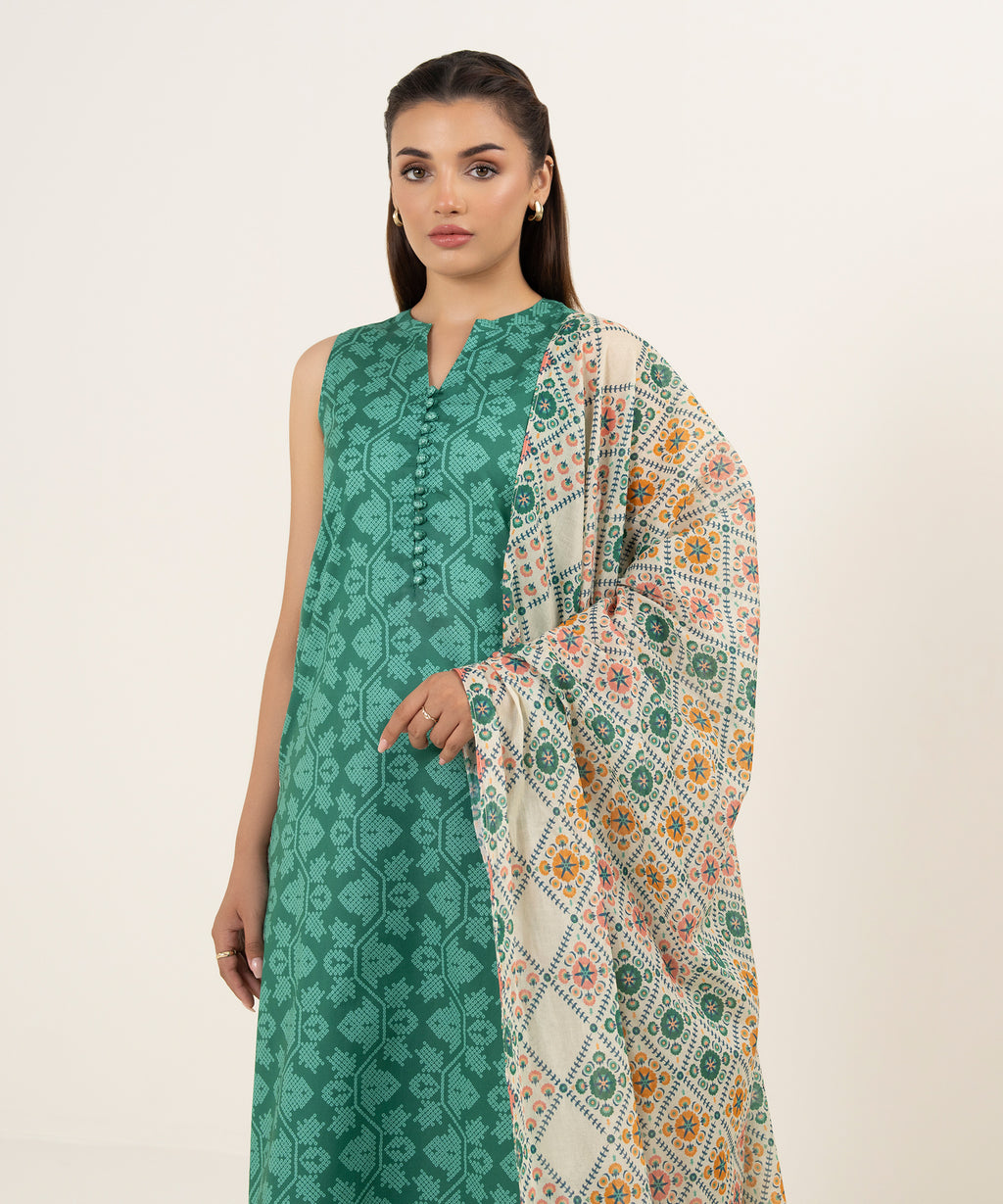 Women's Unstitched Lawn Printed Green 3 Piece Suit