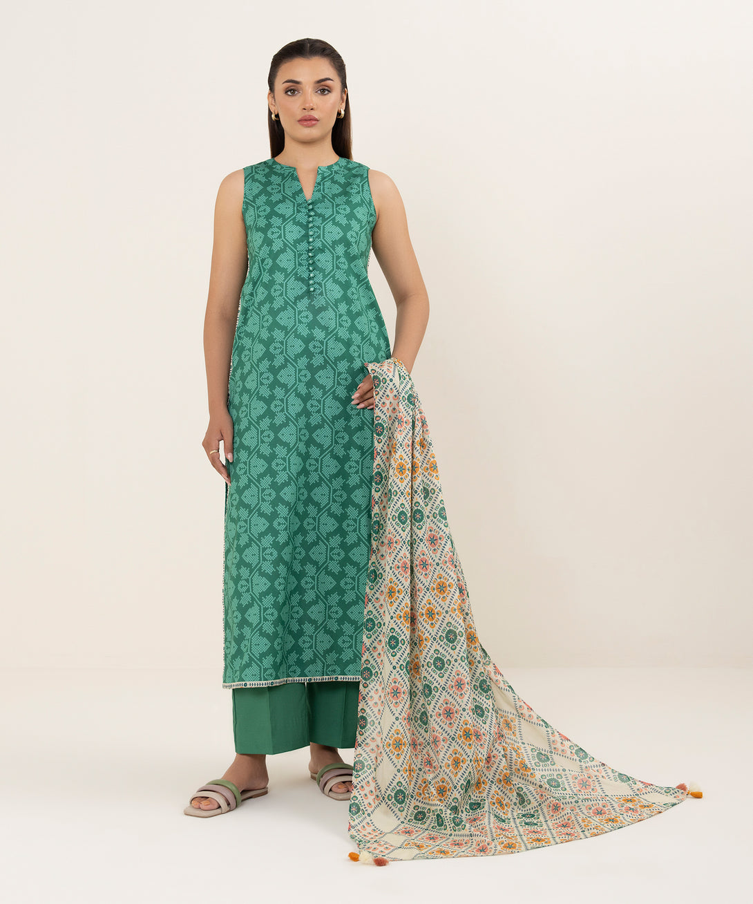 Women's Unstitched Lawn Printed Green 3 Piece Suit