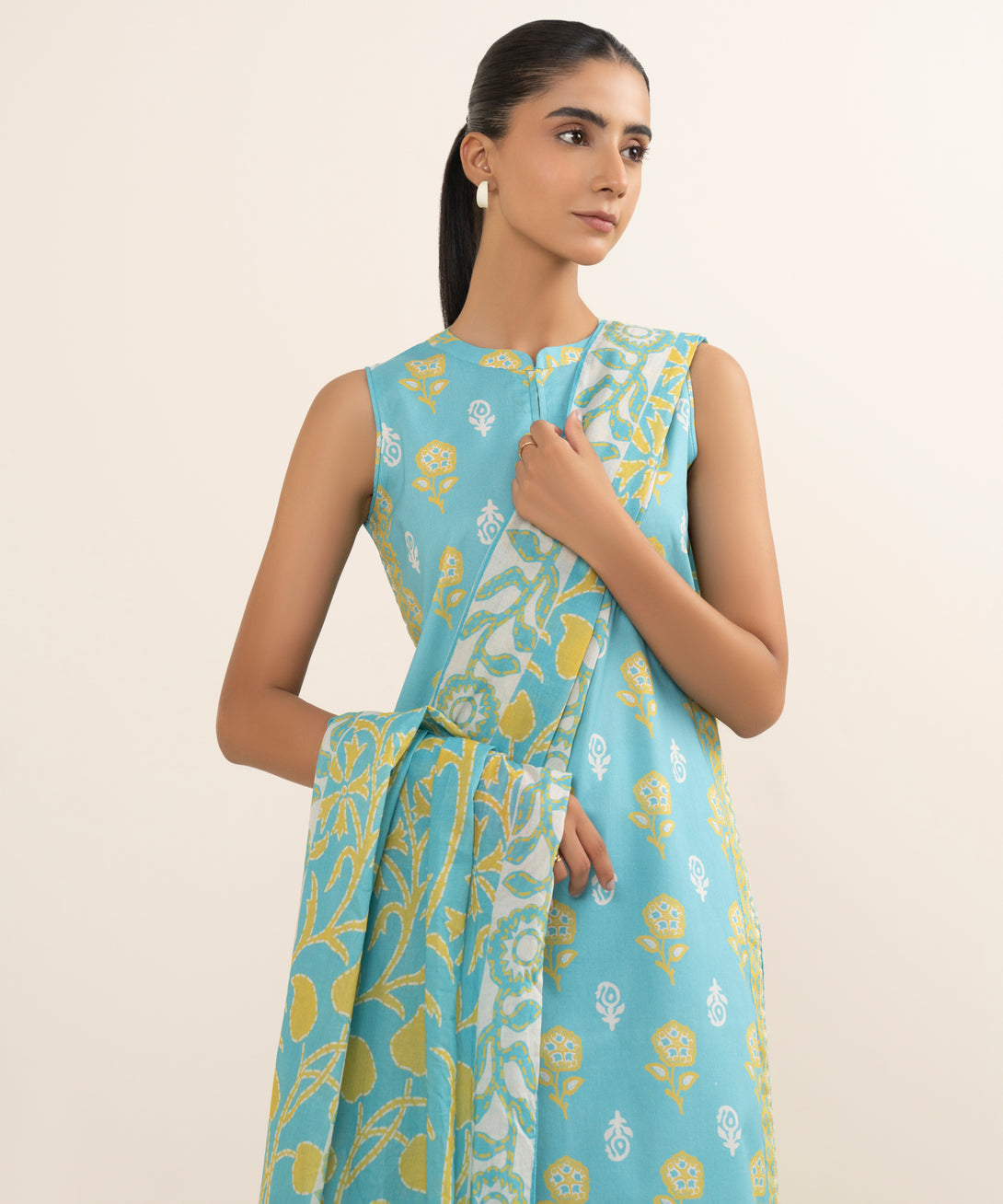 Women's Unstitched Cotton Printed Blue 3 Piece Suit