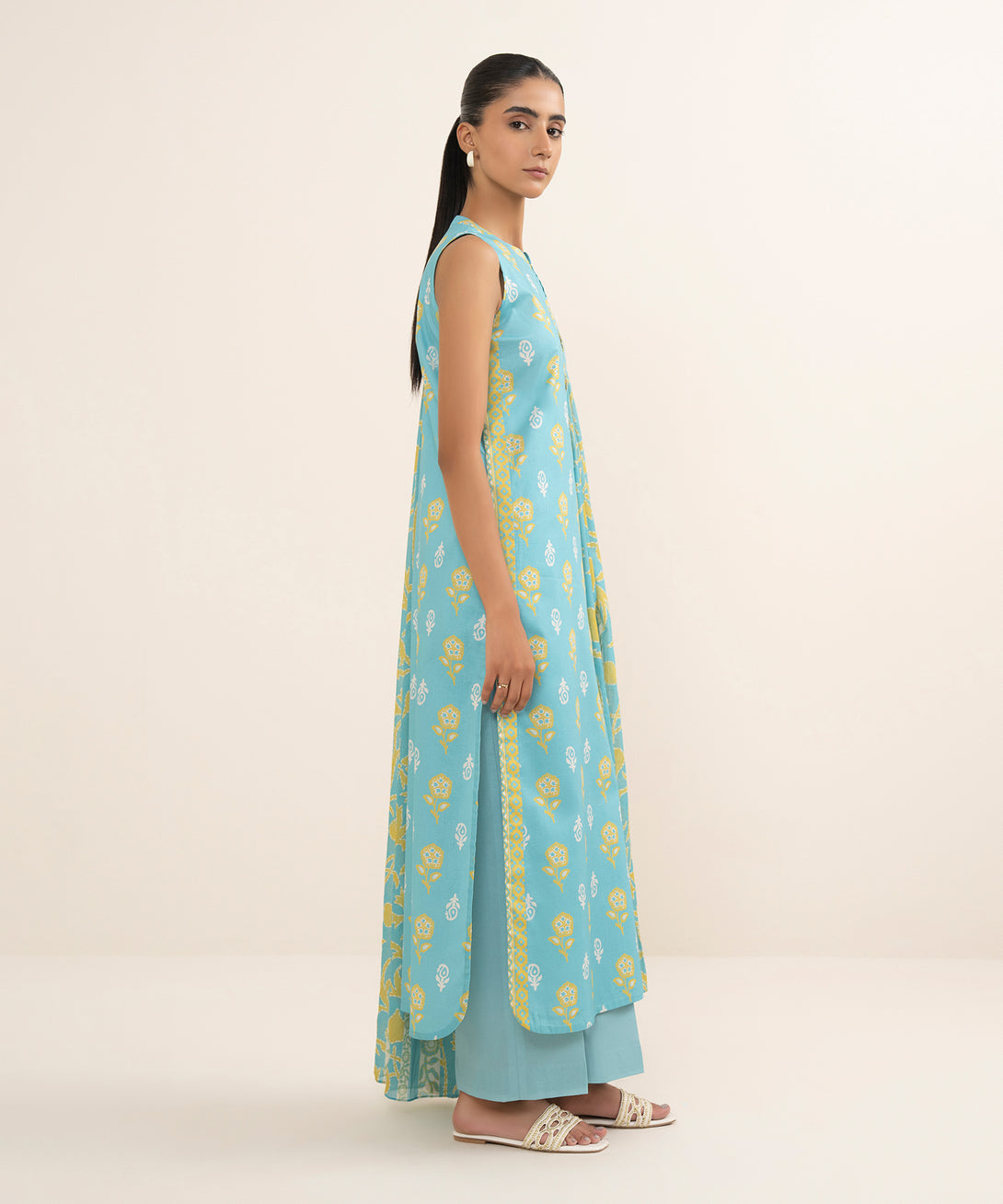 Women's Unstitched Cotton Printed Blue 3 Piece Suit