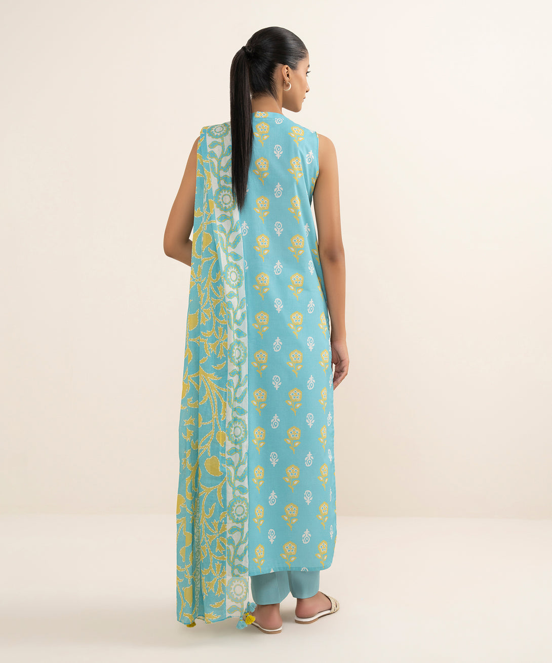 Women's Unstitched Cotton Printed Blue 3 Piece Suit