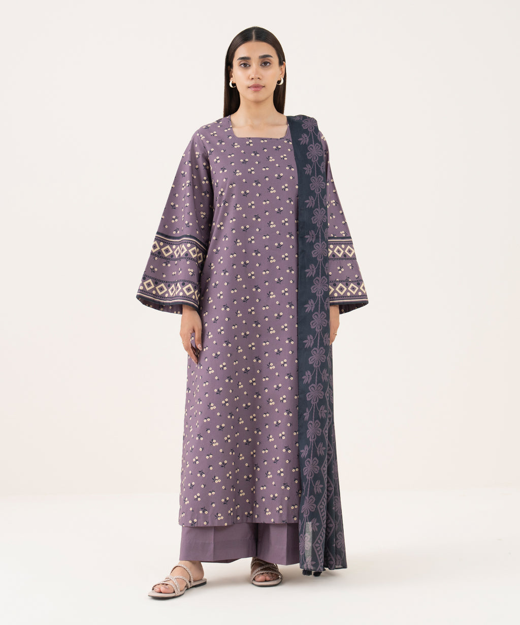 Women's Unstitched Cotton Printed Purple 3 Piece Suit