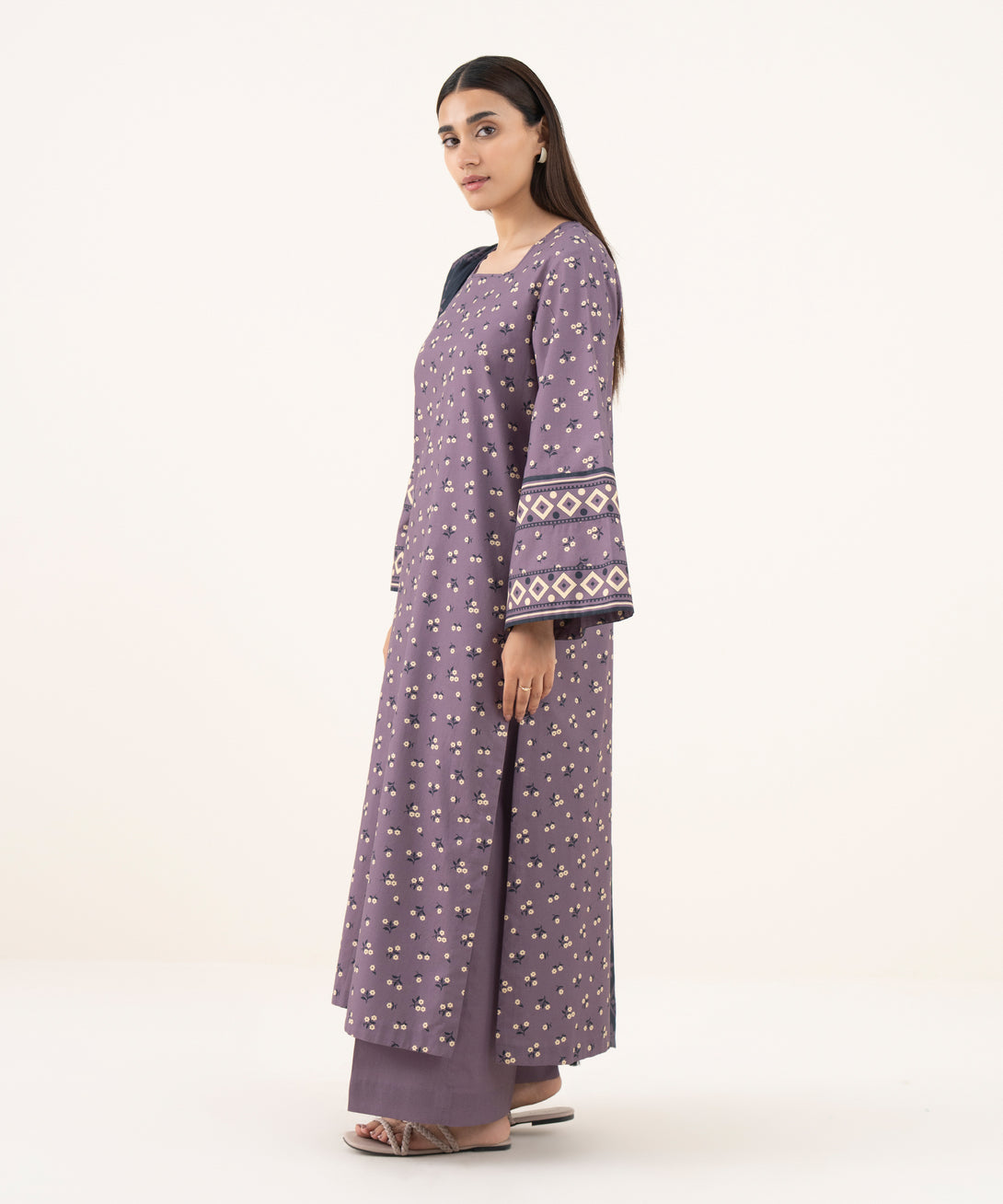 Women's Unstitched Cotton Printed Purple 3 Piece Suit