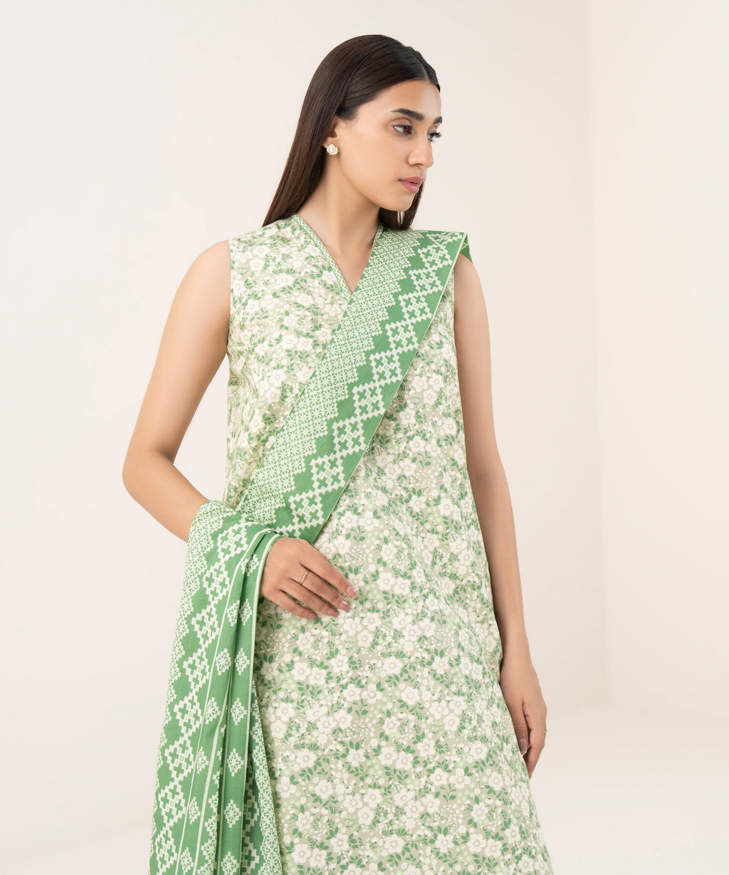 Women's Unstitched Cotton Printed Green 3 Piece Suit