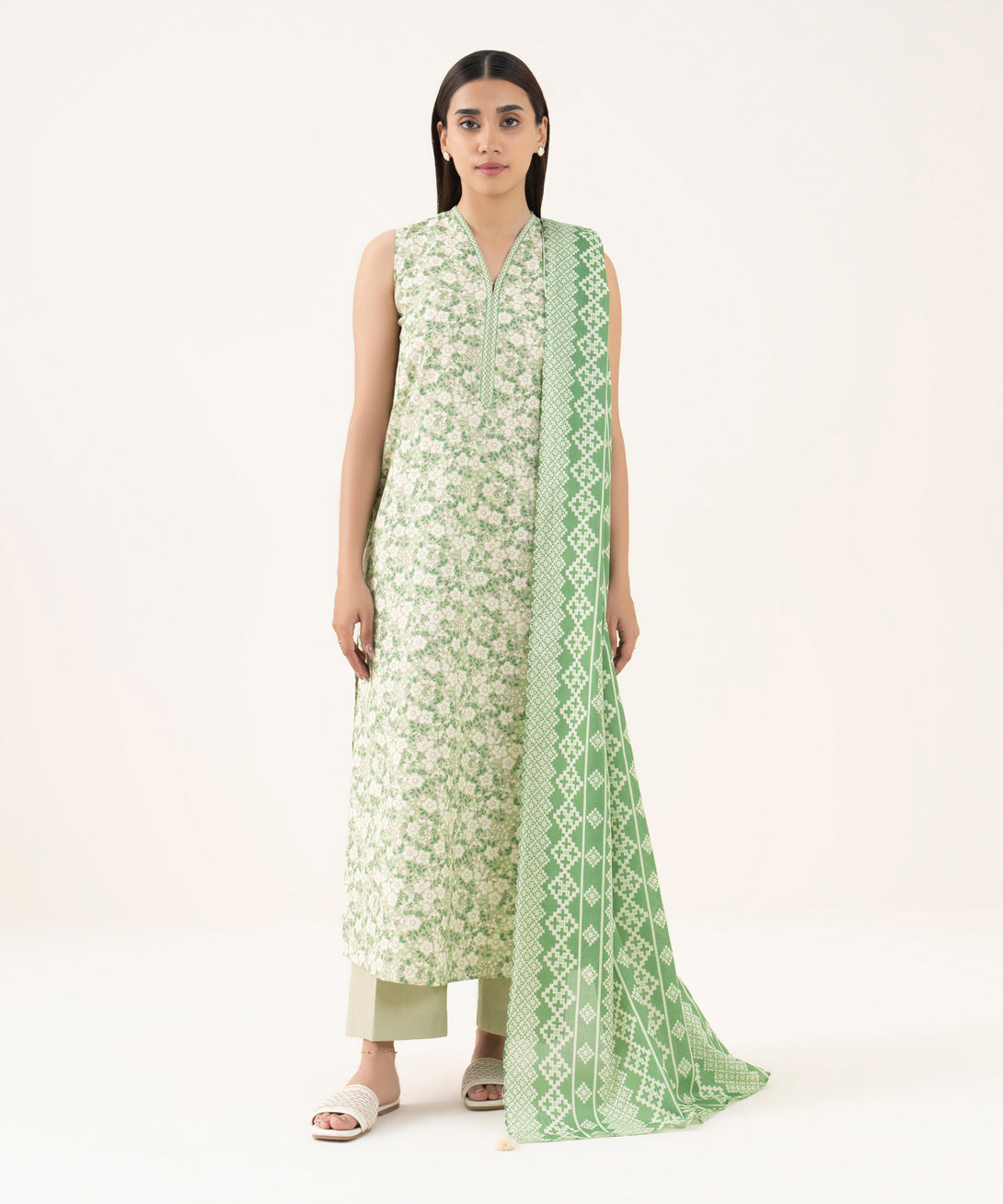 Women's Unstitched Cotton Printed Green 3 Piece Suit