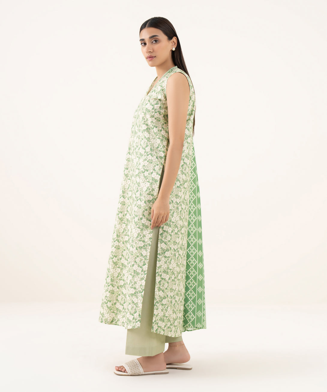 Women's Unstitched Cotton Printed Green 3 Piece Suit