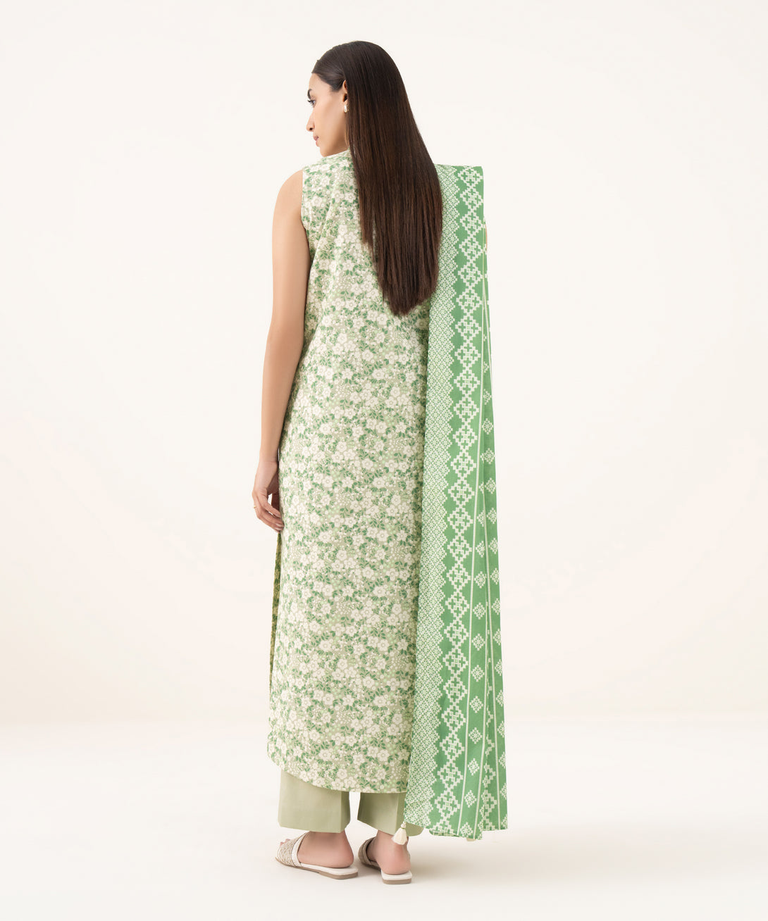 Women's Unstitched Cotton Printed Green 3 Piece Suit