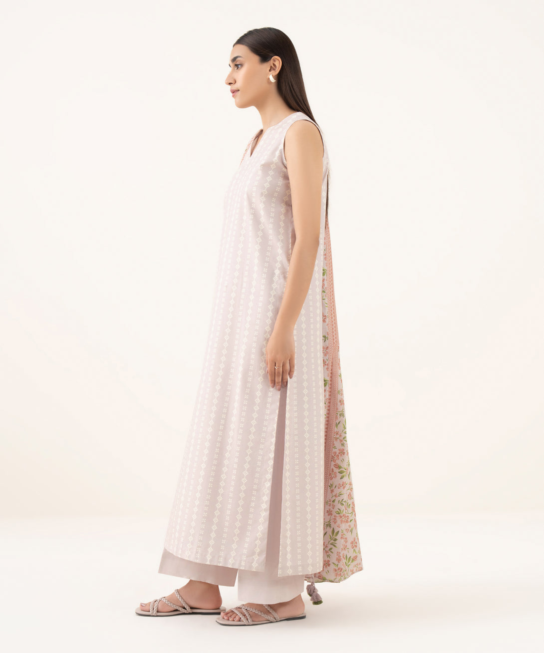 Women's Unstitched Cotton Printed Pink 3 Piece Suit