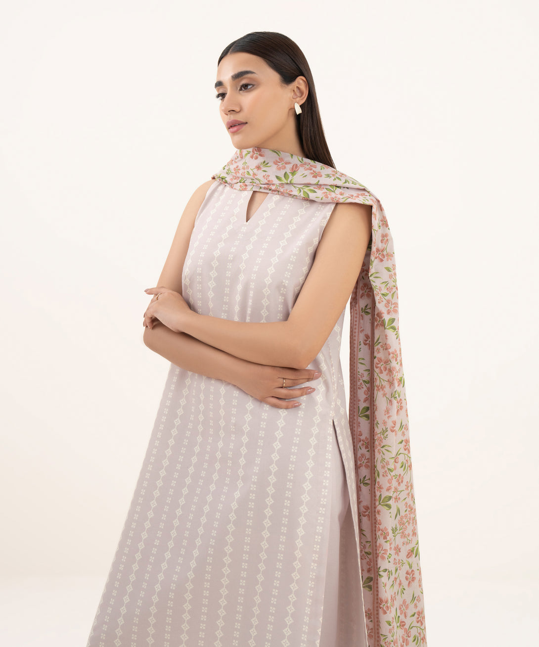 Women's Unstitched Cotton Printed Pink 3 Piece Suit