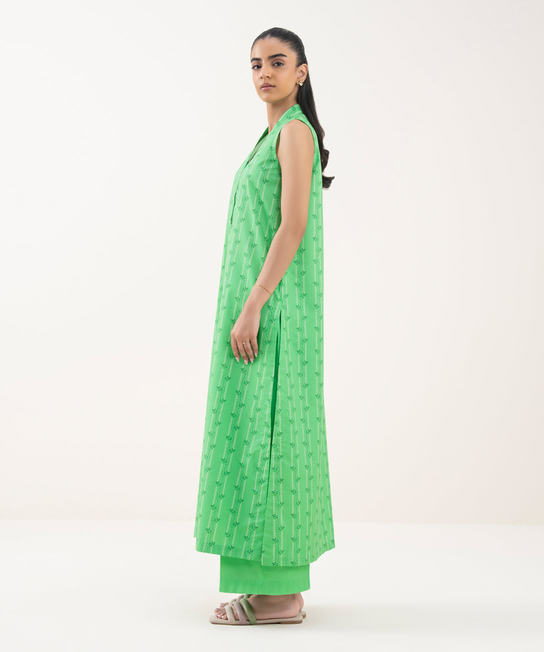 Women's Unstitched Cotton Printed Green 3 Piece Suit