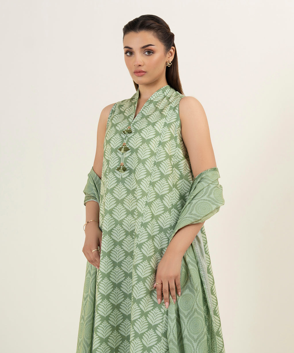 Women's Unstitched Cotton Printed Green 3 Piece Suit