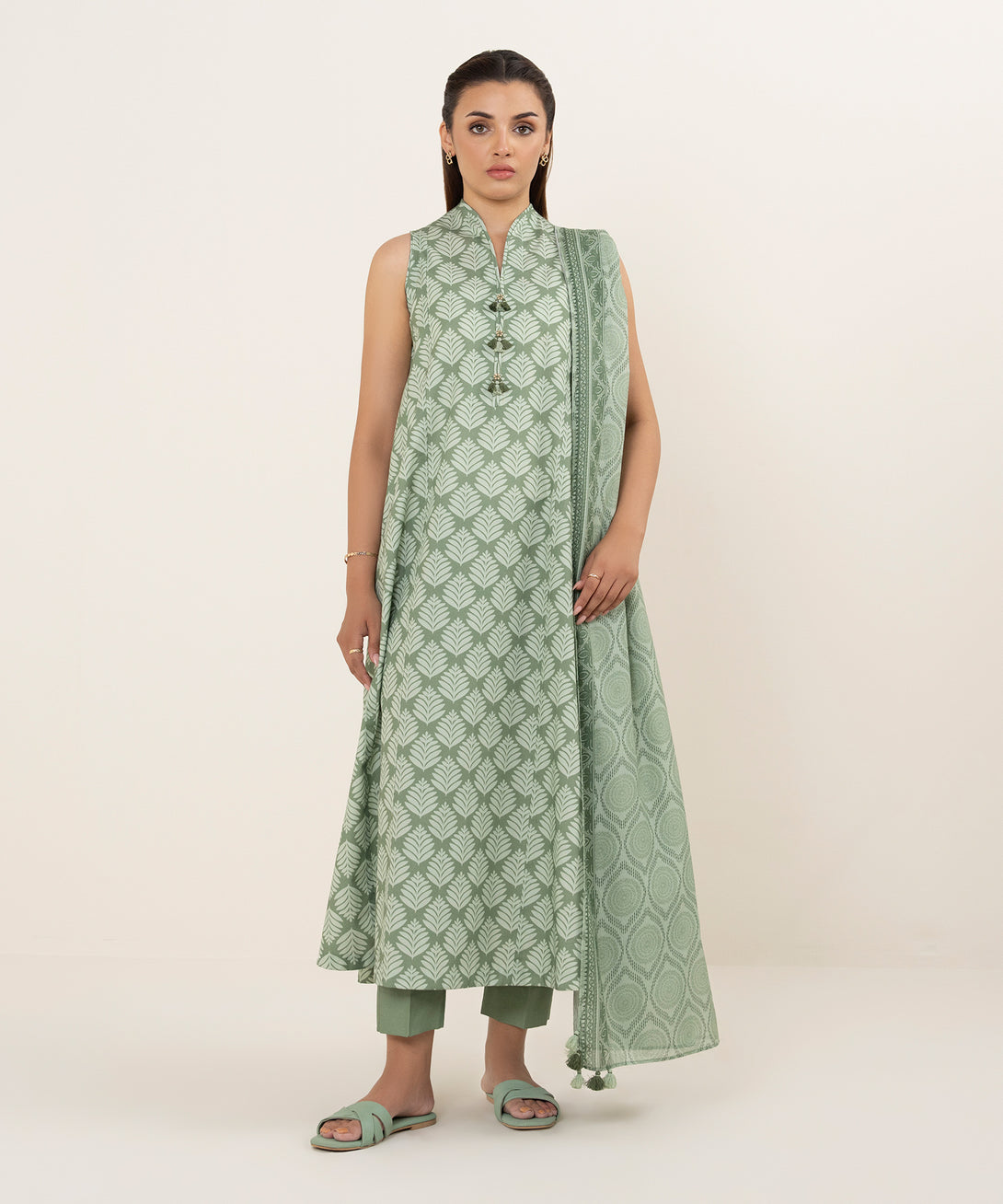 Women's Unstitched Cotton Printed Green 3 Piece Suit