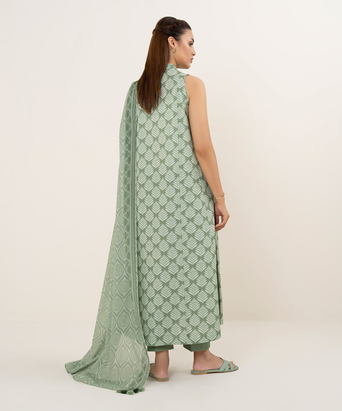 Women's Unstitched Cotton Printed Green 3 Piece Suit