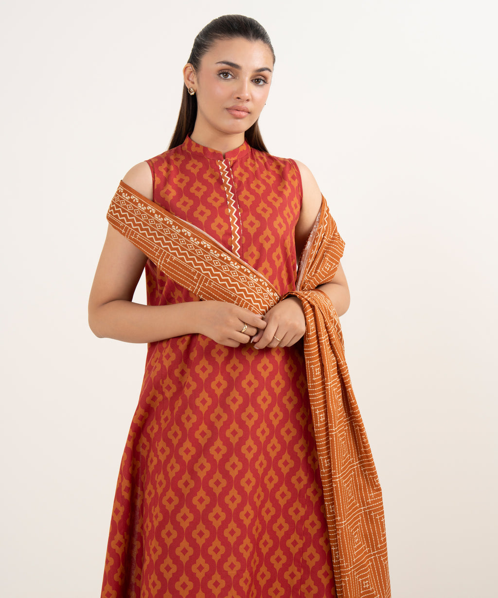 Women's Unstitched Cotton Printed Red  3 Piece Suit