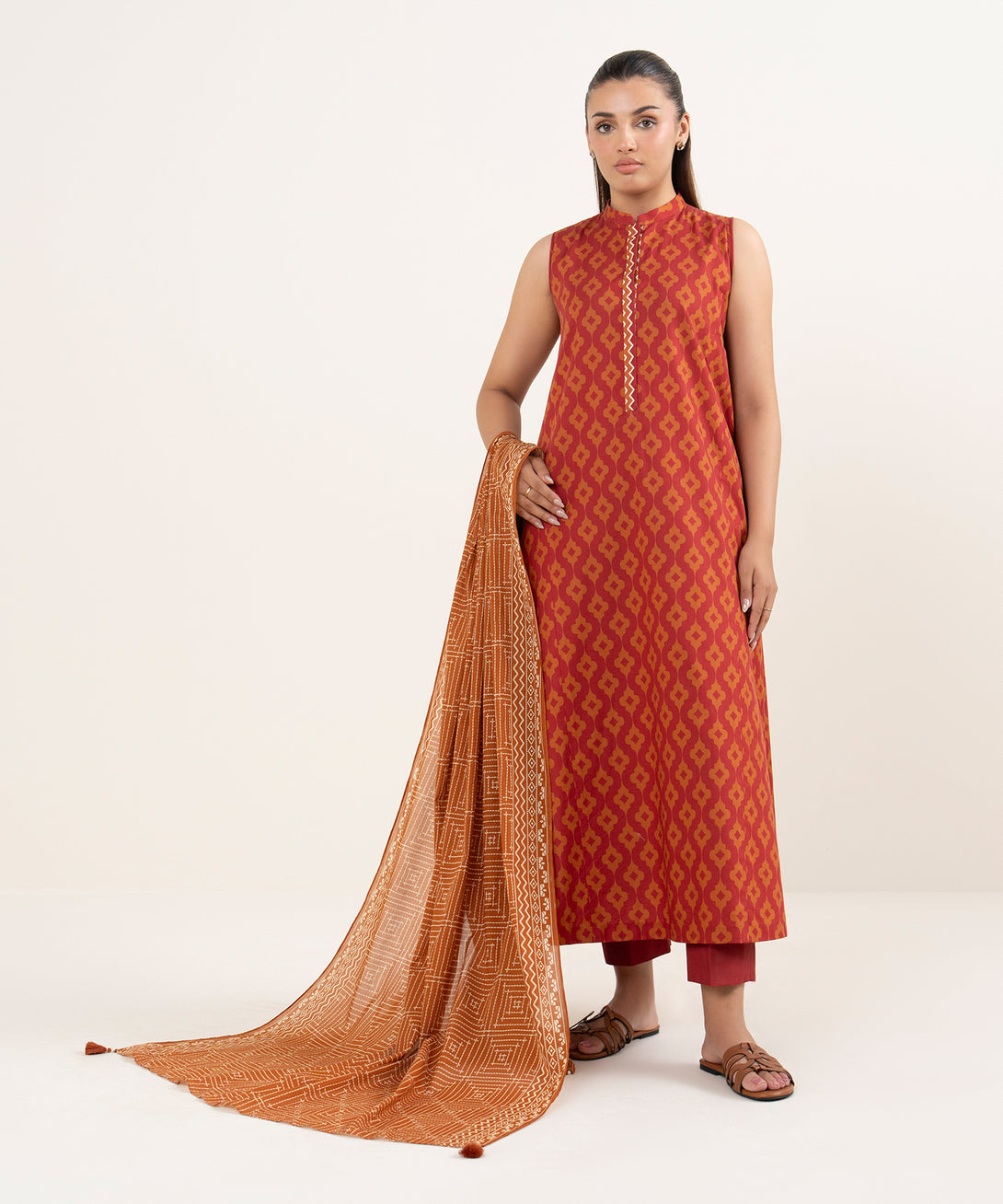 Women's Unstitched Cotton Printed Red  3 Piece Suit