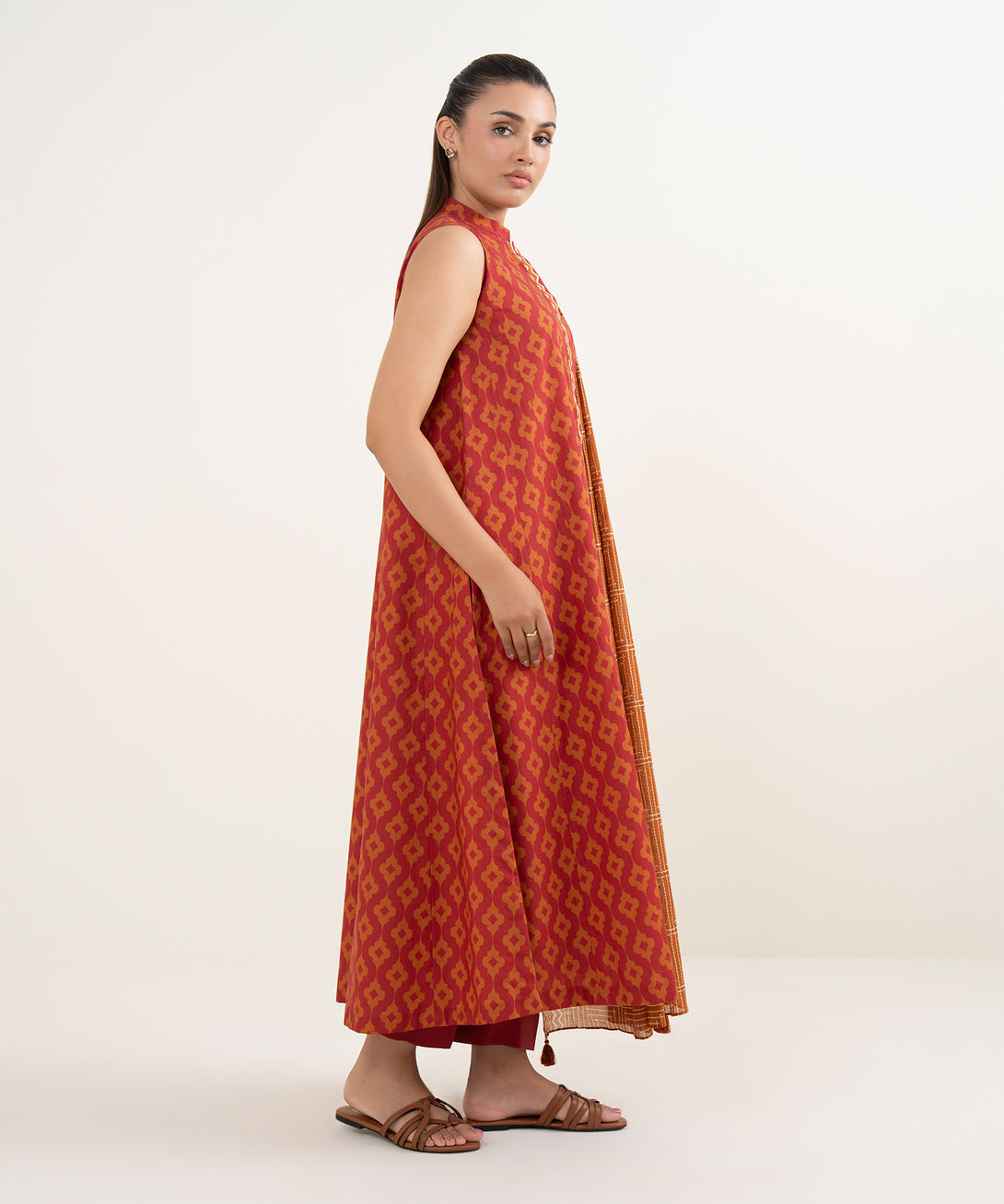 Women's Unstitched Cotton Printed Red  3 Piece Suit