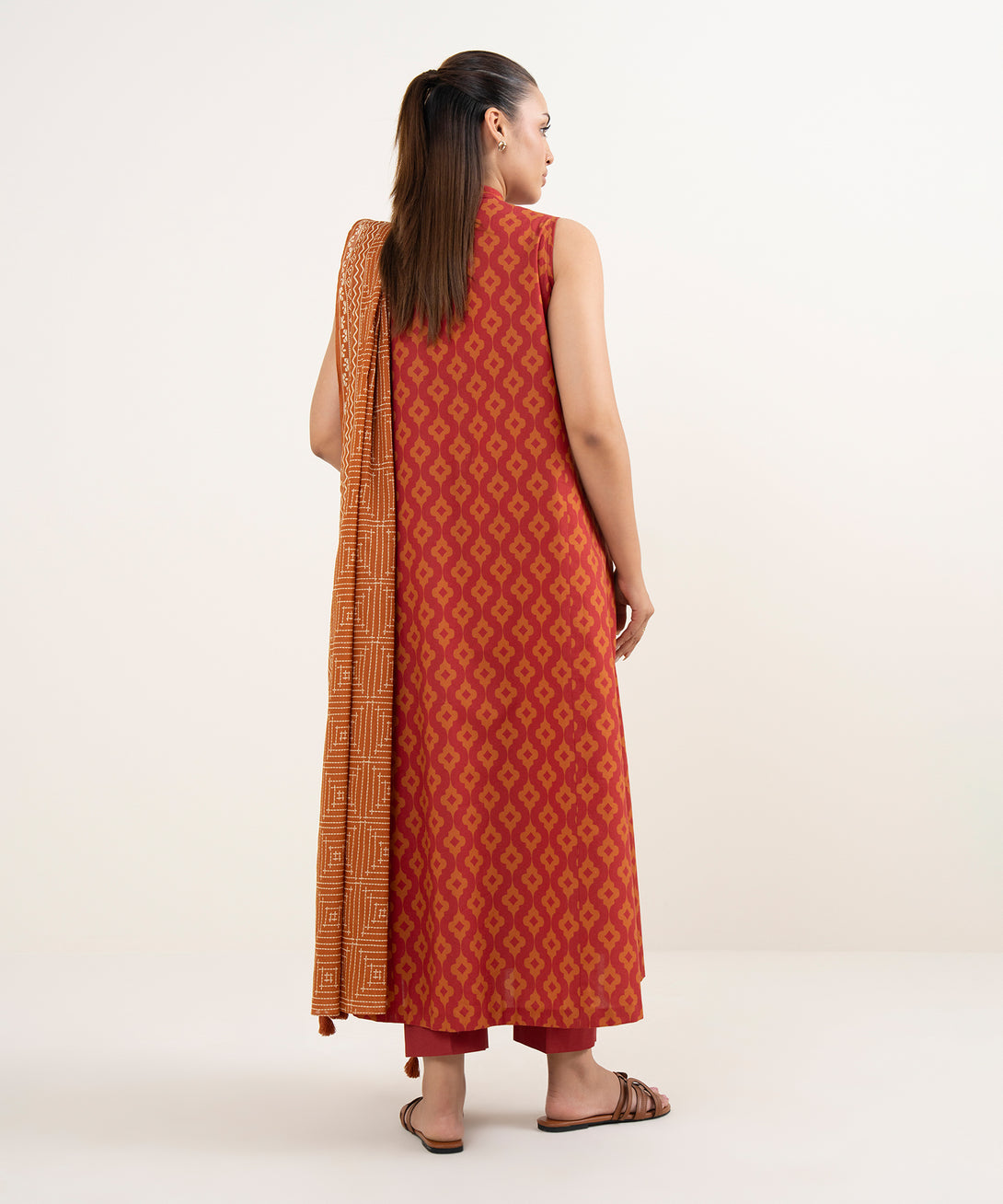 Women's Unstitched Cotton Printed Red  3 Piece Suit