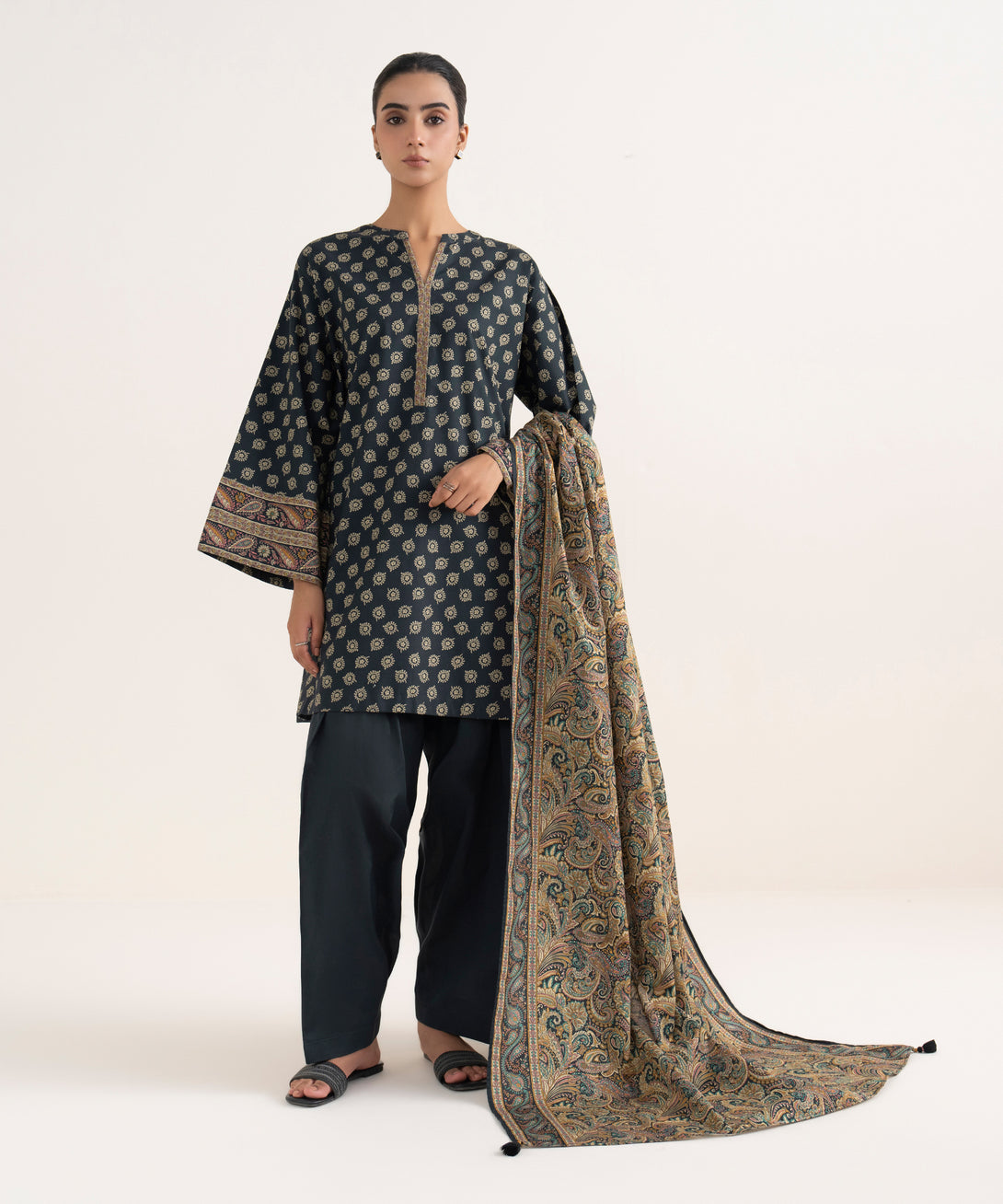 Women's Unstitched Cotton Printed Multi Three Piece Suit