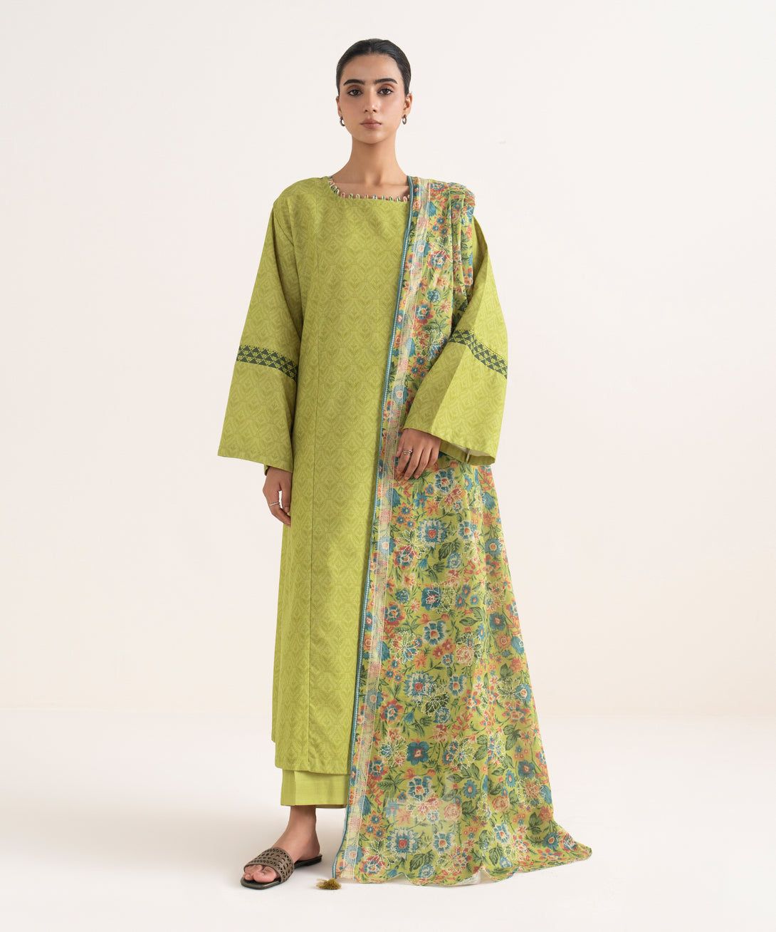 Women's Unstitched Light Khaddar Printed Green Three Piece Suit