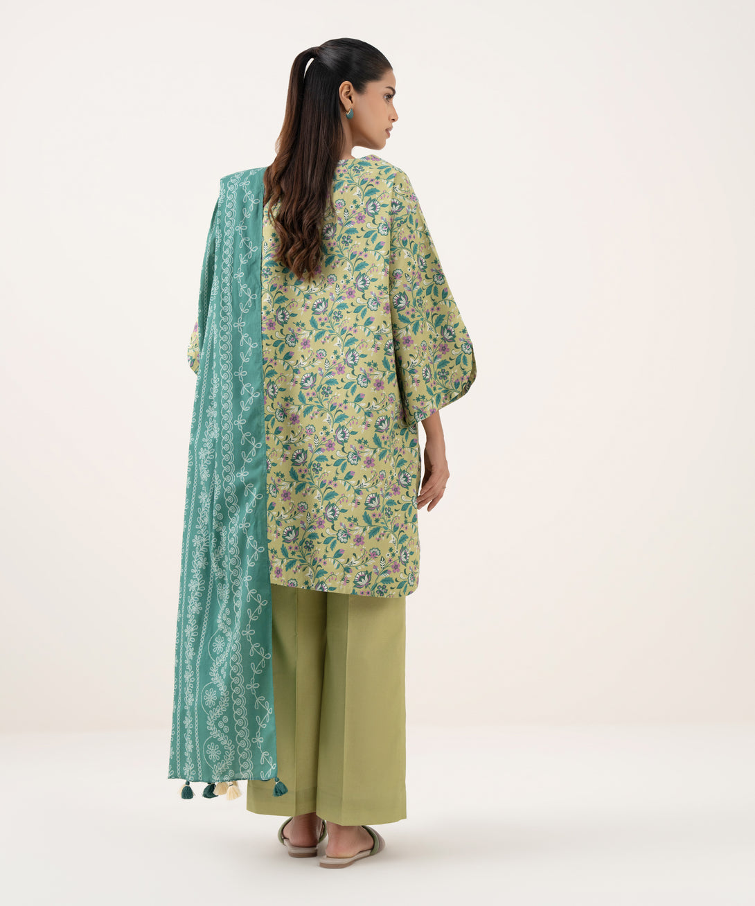 Women's Unstitched Cotton Printed Green Three Piece Suit