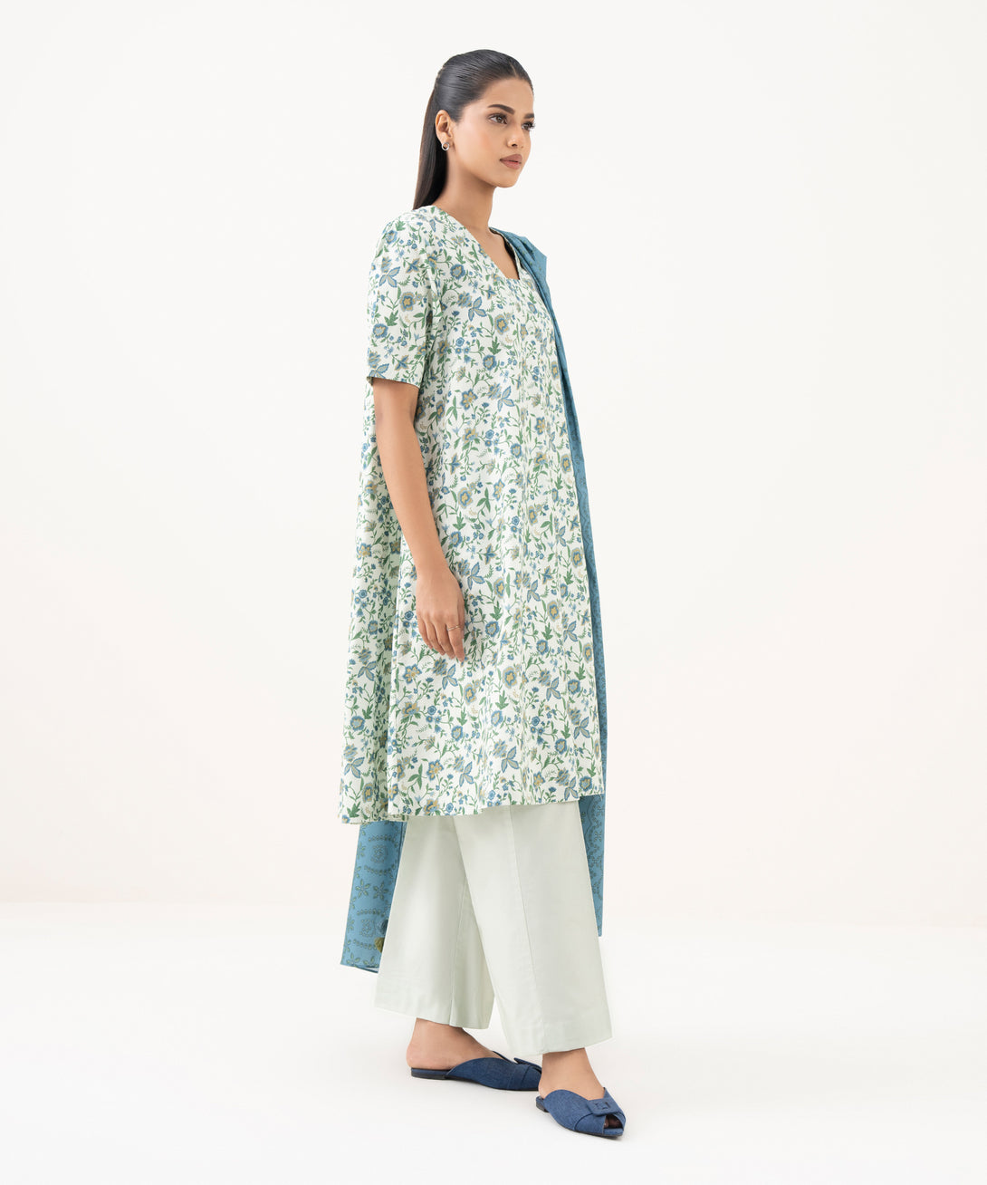 Women's Unstitched Cotton Printed Off White Three Piece Suit