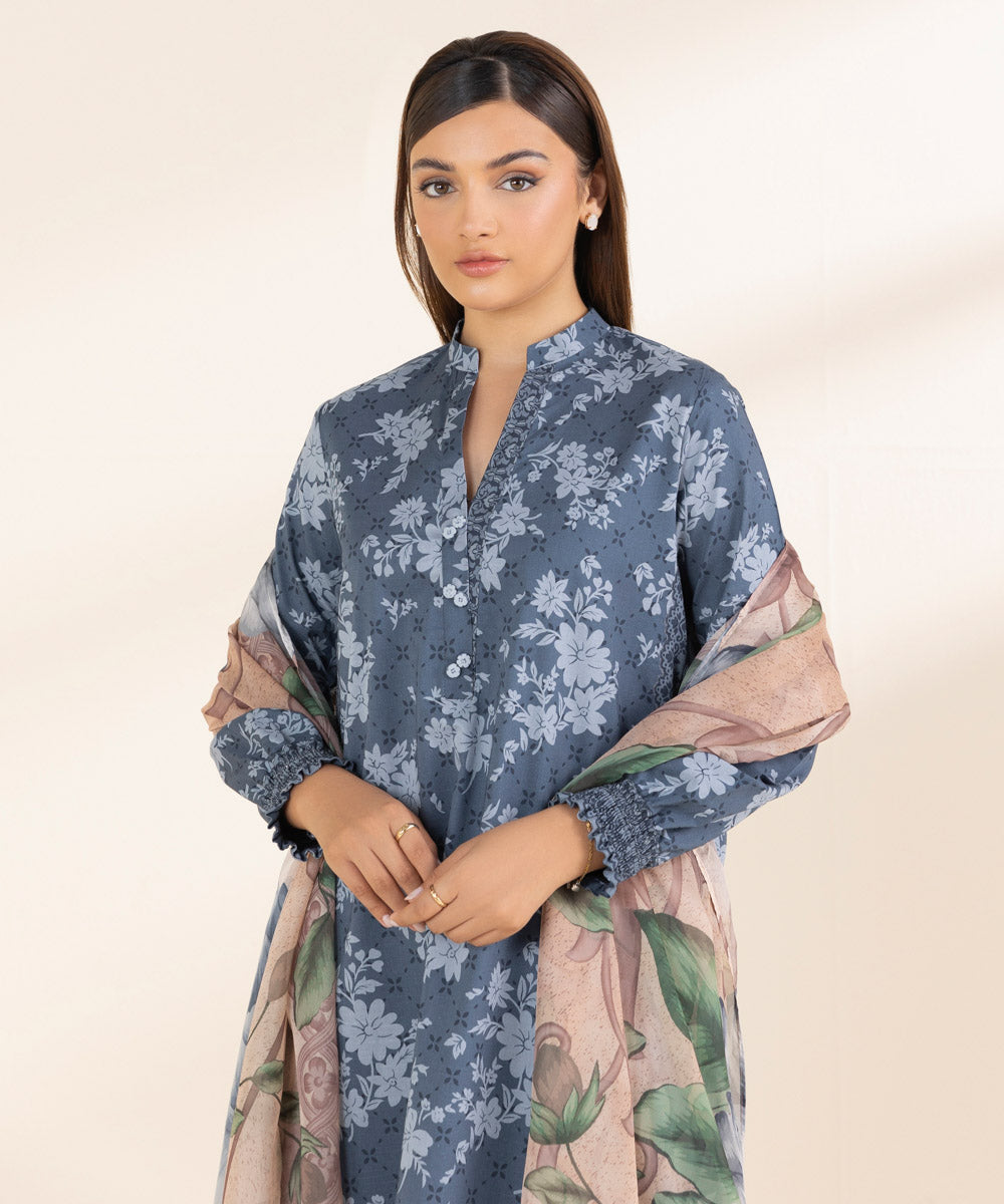 Women's Unstitched Blue Lawn 3 Piece Suit 