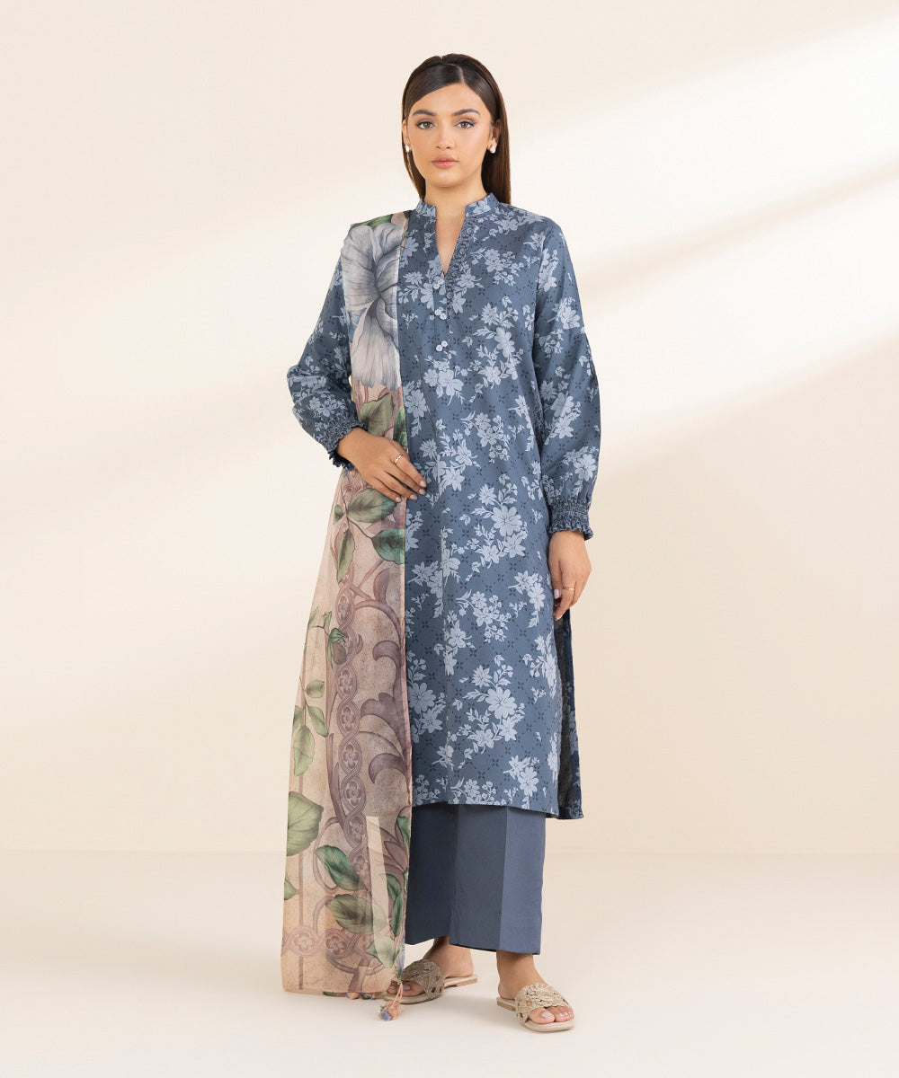 Women's Unstitched Blue Lawn 3 Piece Suit 