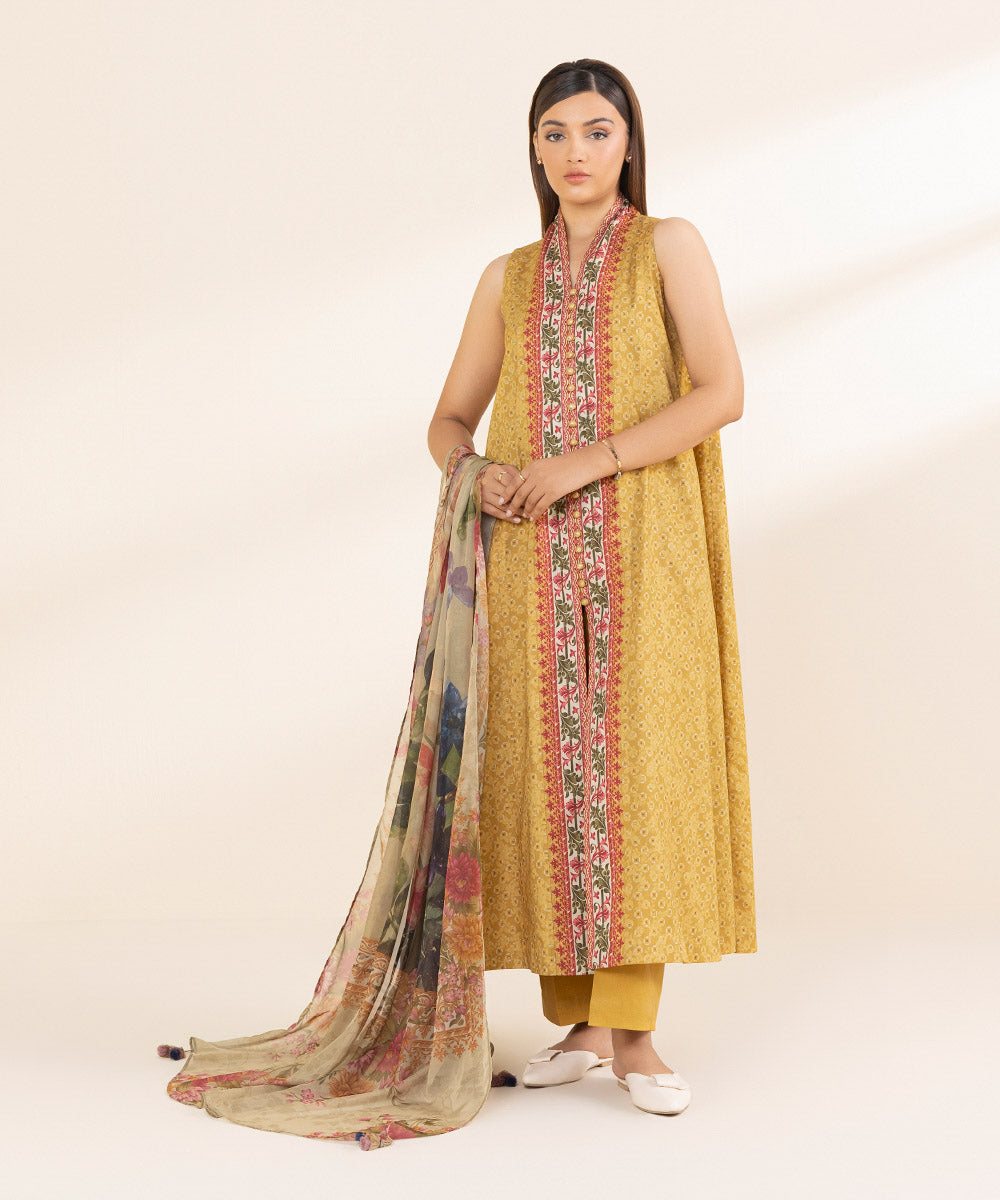 Women's Unstitched Yellow Lawn 3 Piece Suit 