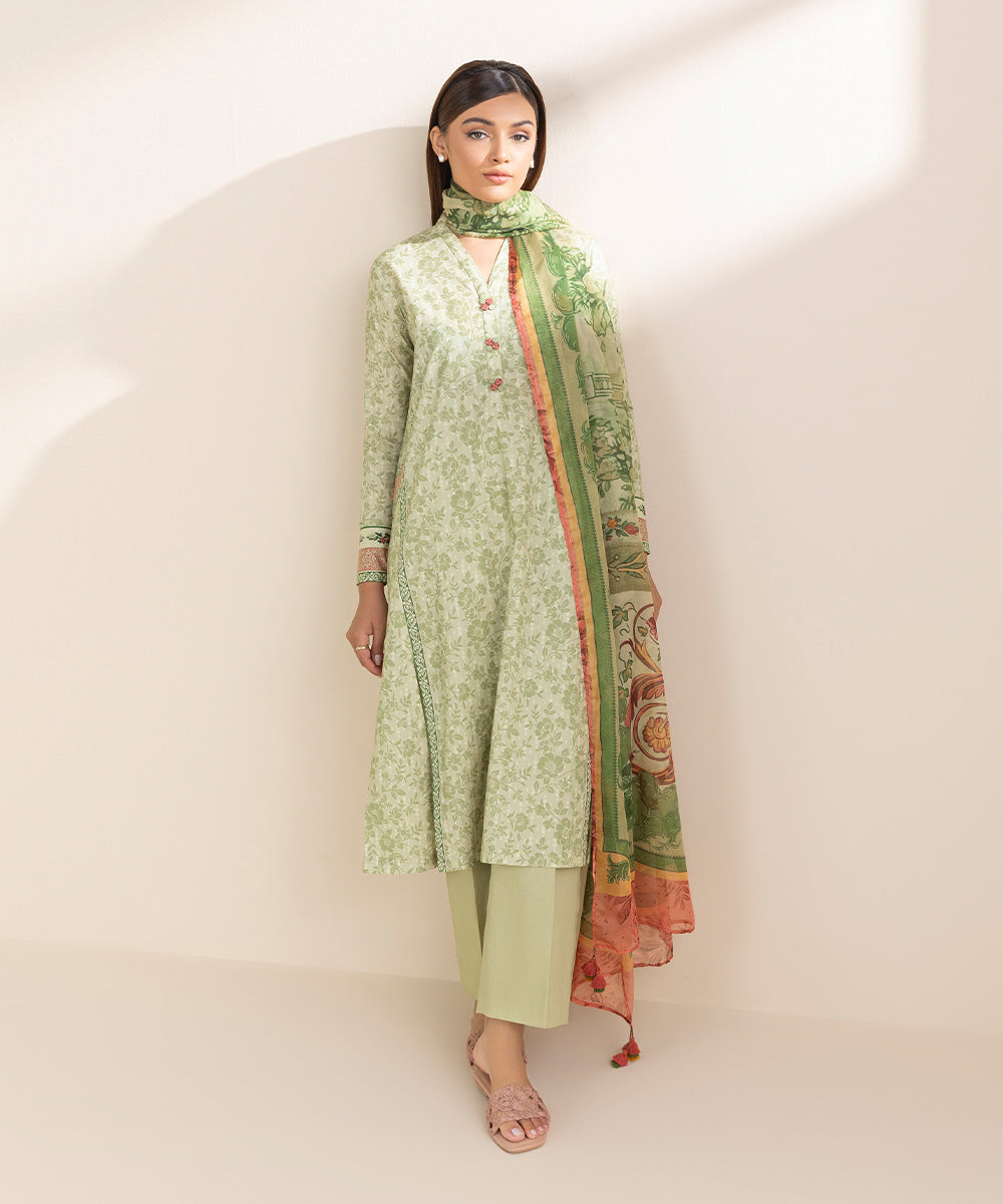 Women's Unstitched Green Lawn 3 Piece Suit 