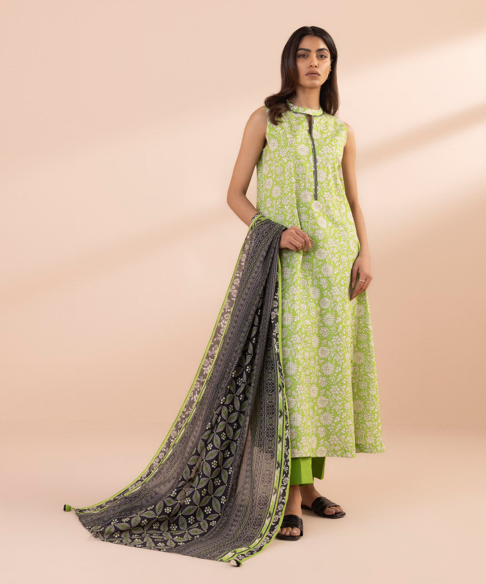 Women's Unstitched Lawn Printed Green 3 Piece Suit