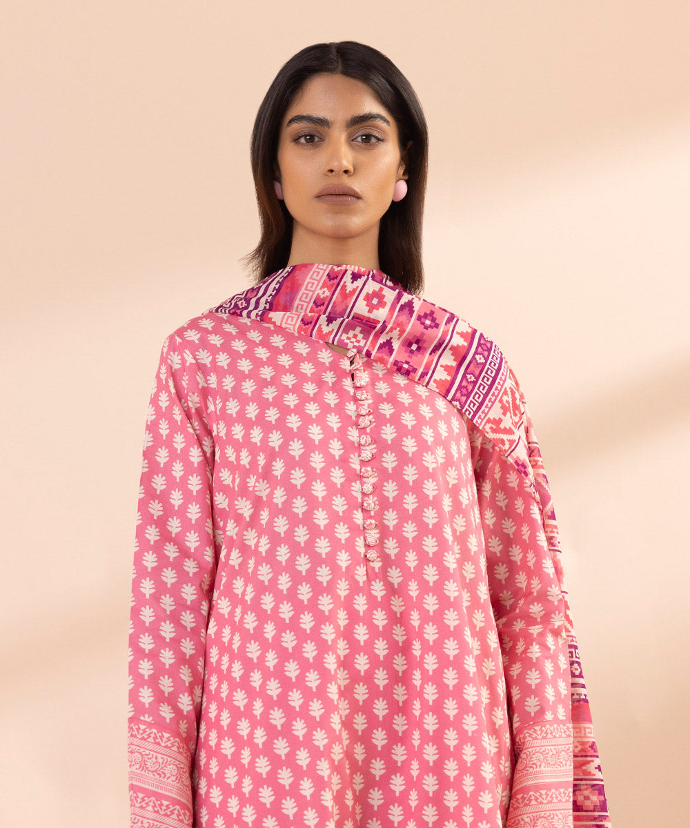 Women's Unstitched Lawn Printed Pink 3 Piece Suit