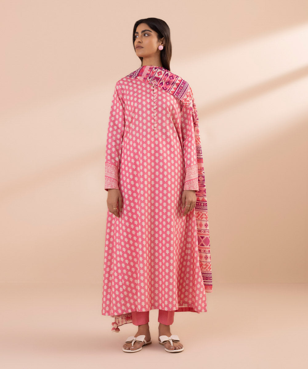 Women's Unstitched Lawn Printed Pink 3 Piece Suit