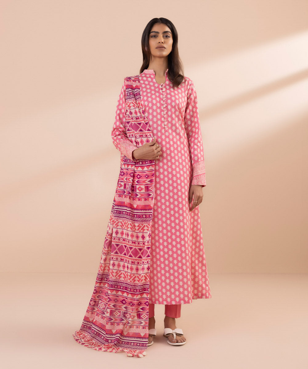 Women's Unstitched Lawn Printed Pink 3 Piece Suit