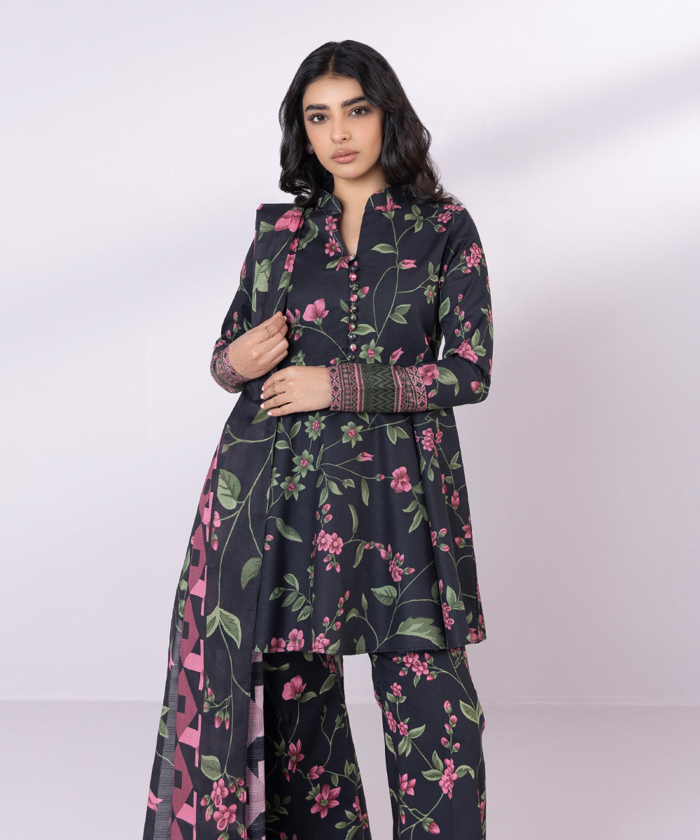 Women's Unstitched Lawn Printed Black 3 Piece Suit