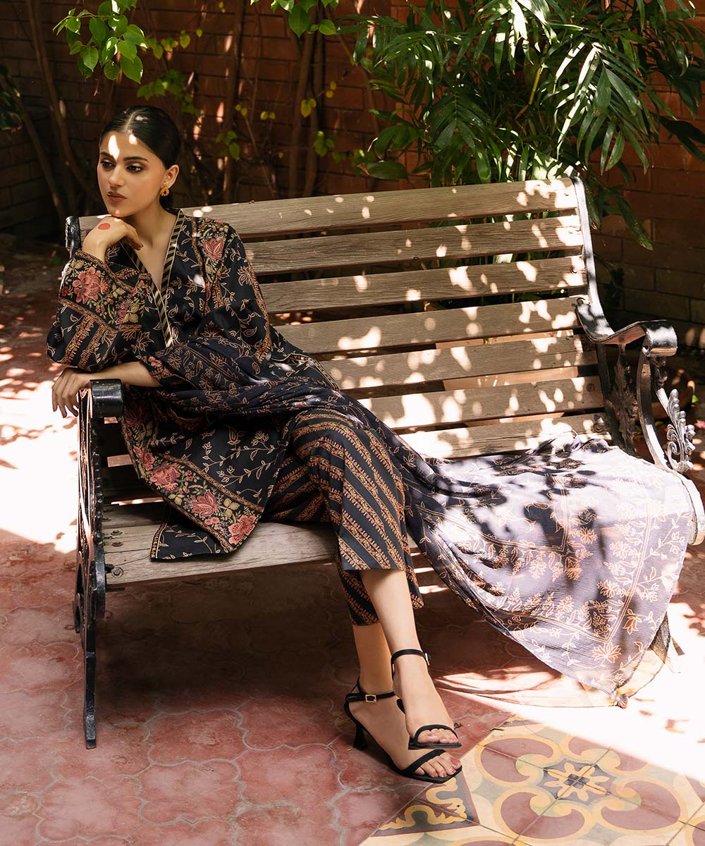 Women's Unstitched Lawn Printed Black 3 Piece Suit