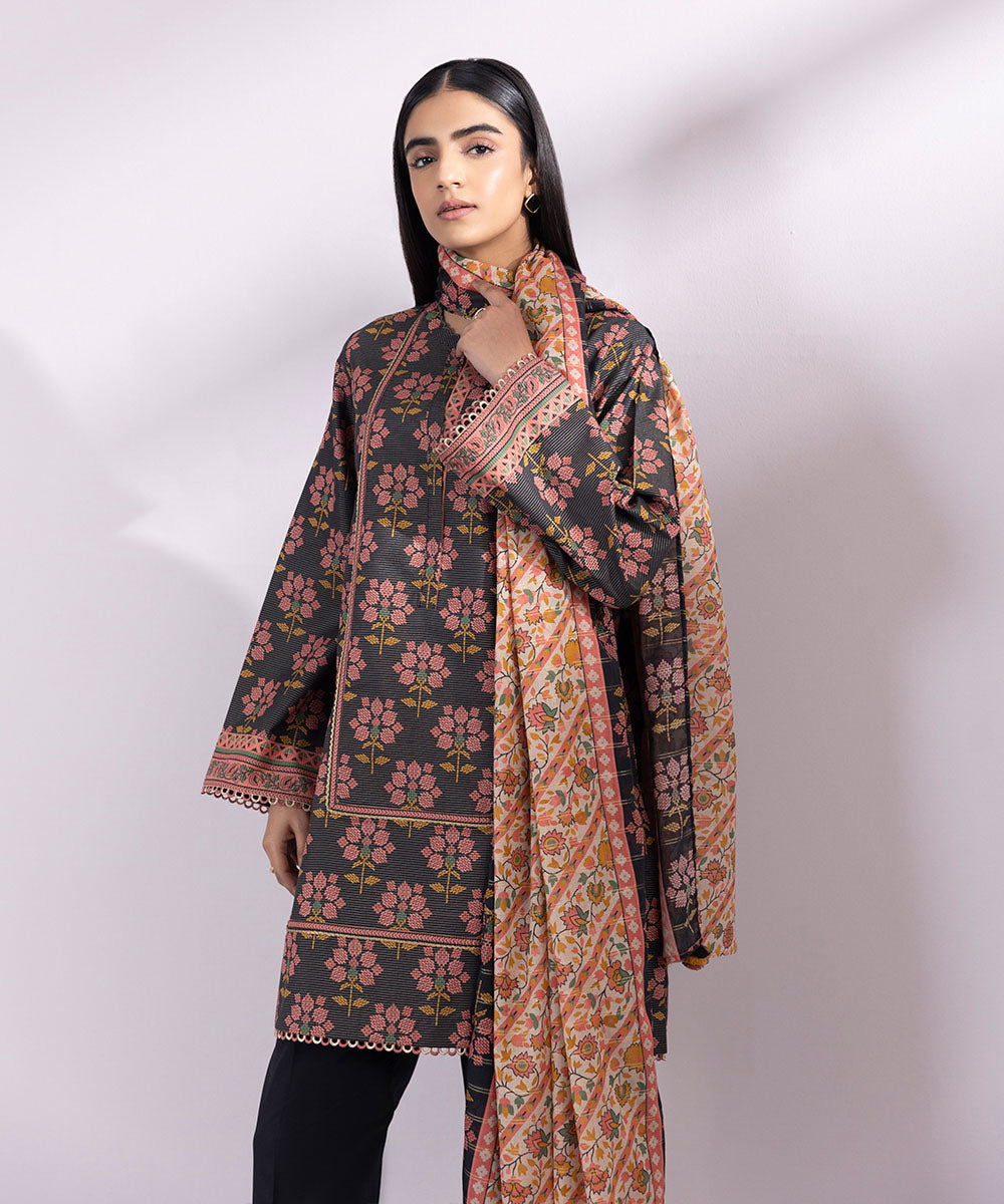 Women's Unstitched Zari Lawn Printed Black 3 Piece Suit