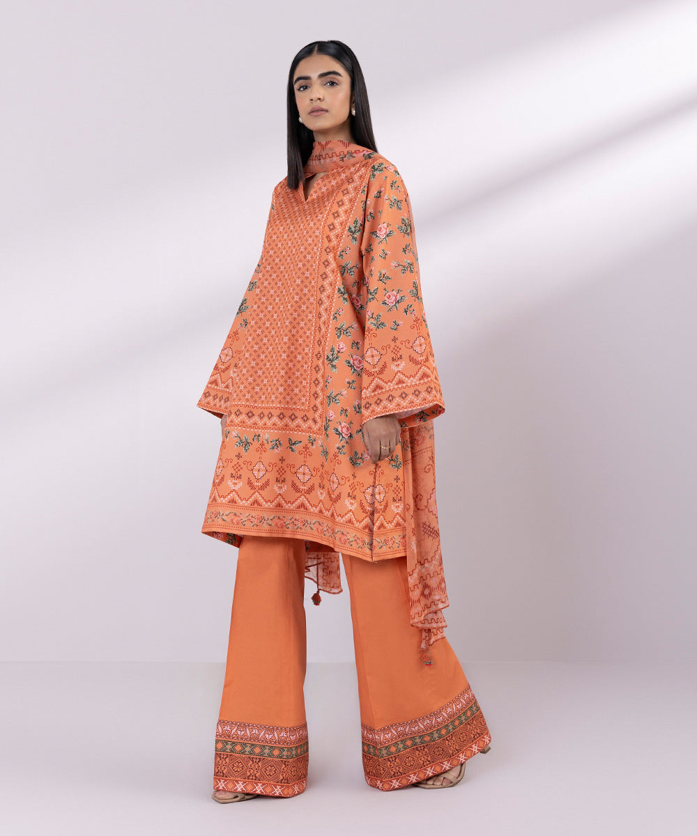 Women's Unstitched Lawn Printed Orange 3 Piece Suit