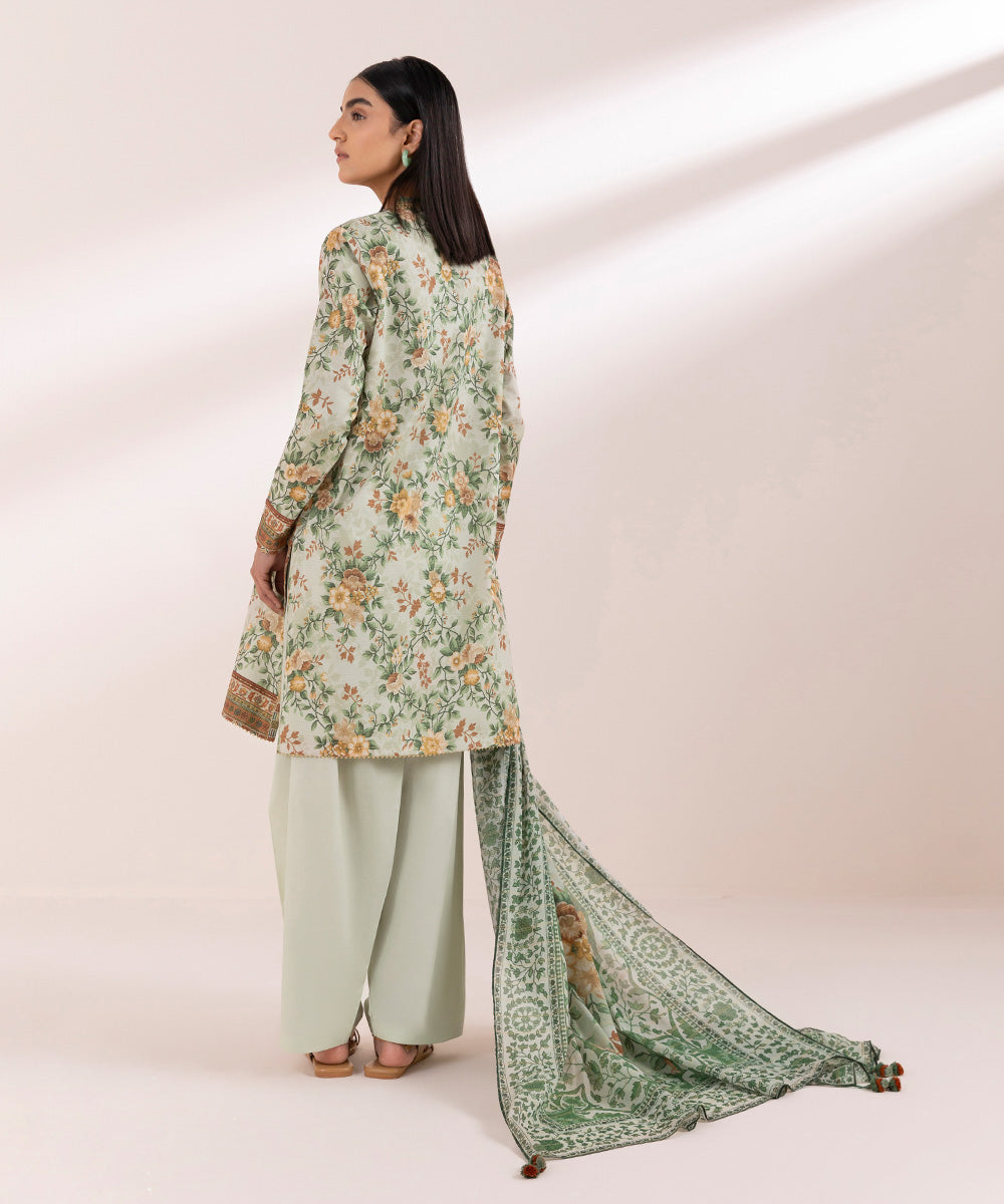 Women's Unstitched Zari Lawn Green Printed 3 Piece Suit