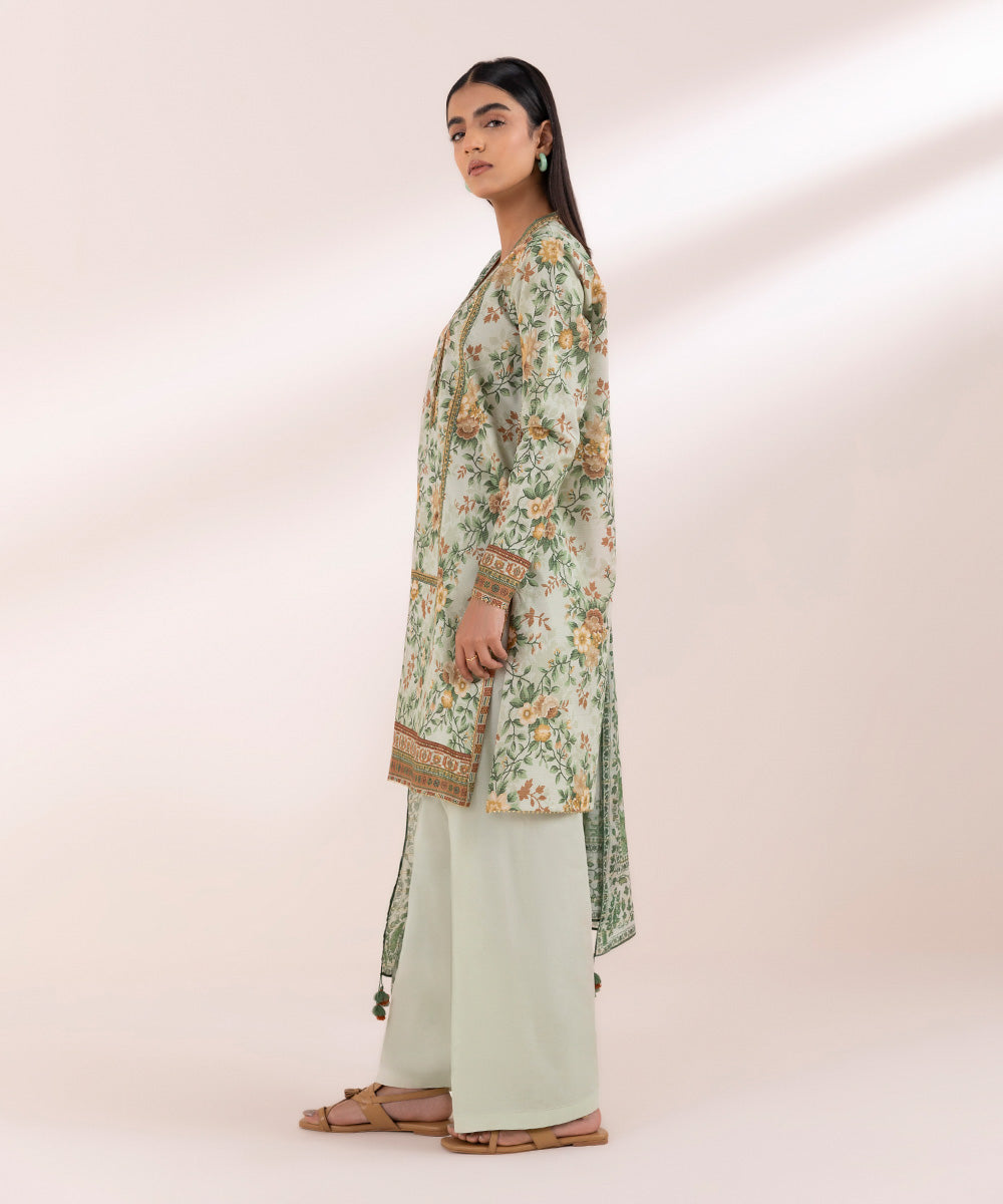 Women's Unstitched Zari Lawn Green Printed 3 Piece Suit