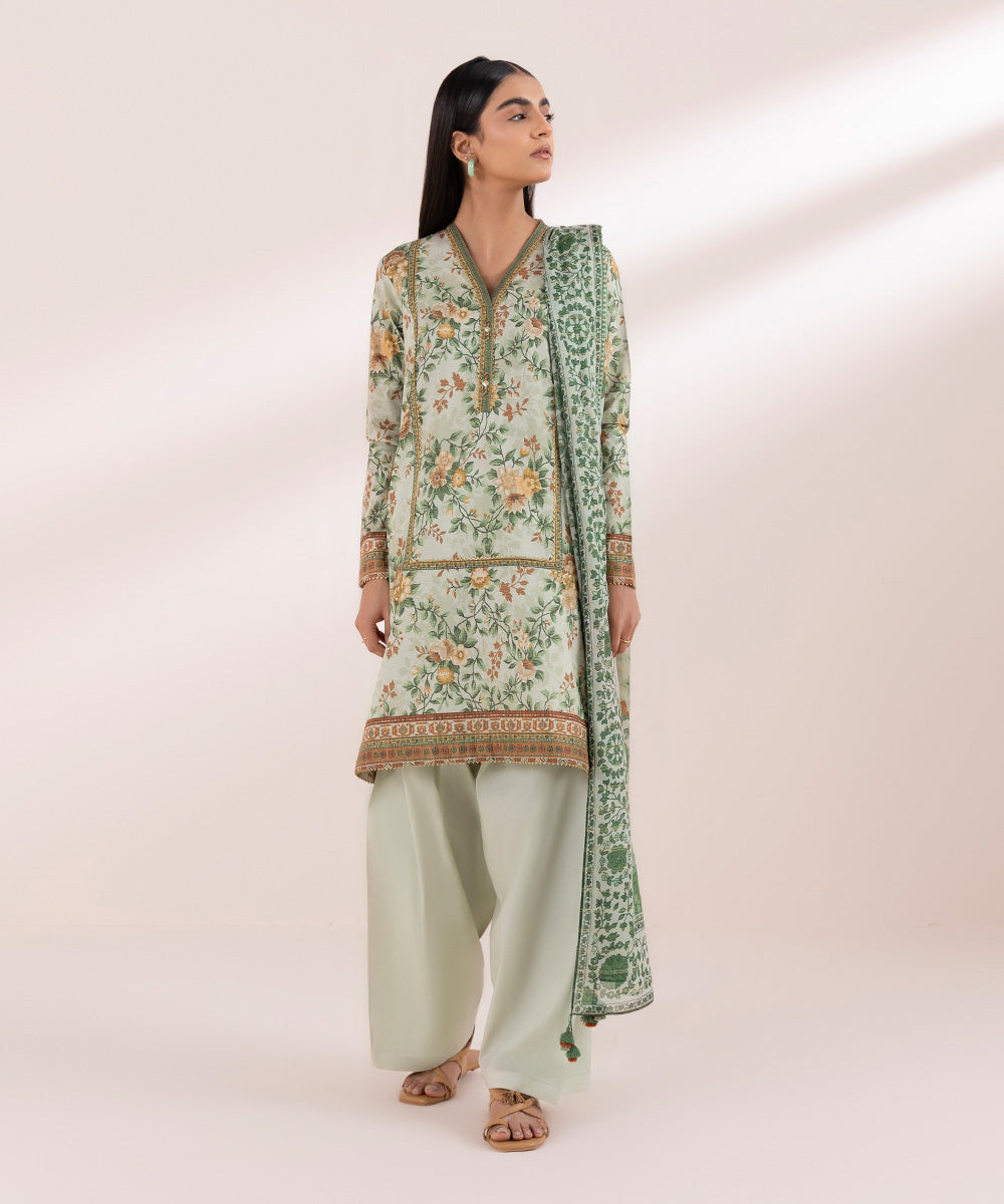 Women's Unstitched Zari Lawn Green Printed 3 Piece Suit