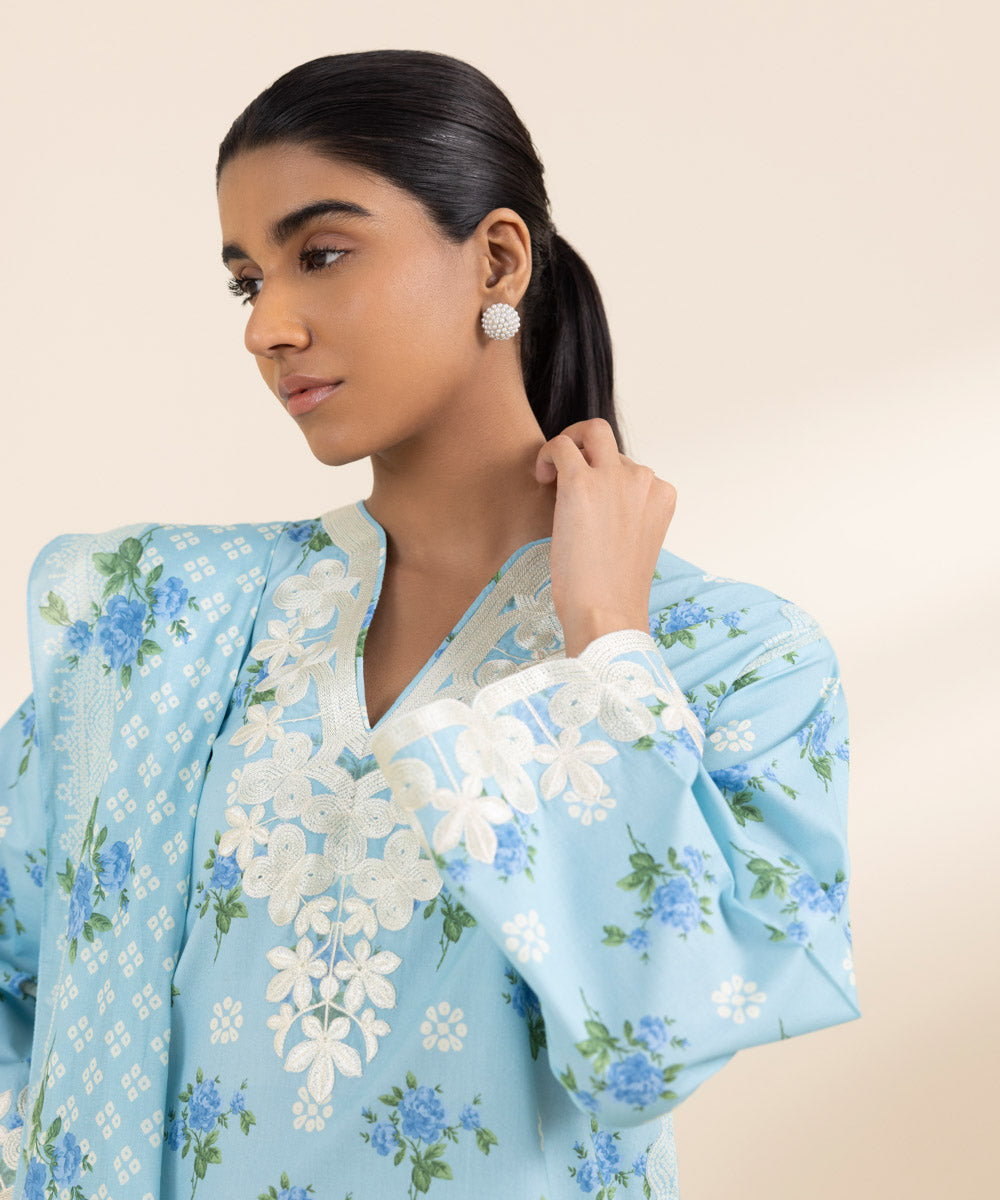 Women's Unstitched Lawn Blue Embroidered 3 Piece Suit